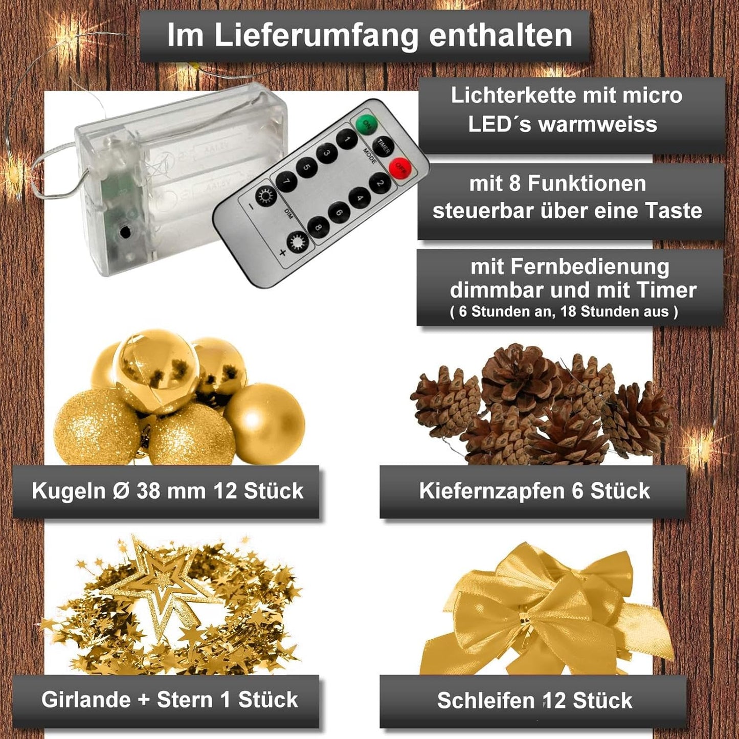 Künstlicher Weihnachtsbaum mit Deko & LED-Lichterkette, 60 cm Grün-gold-braun+warmweiss