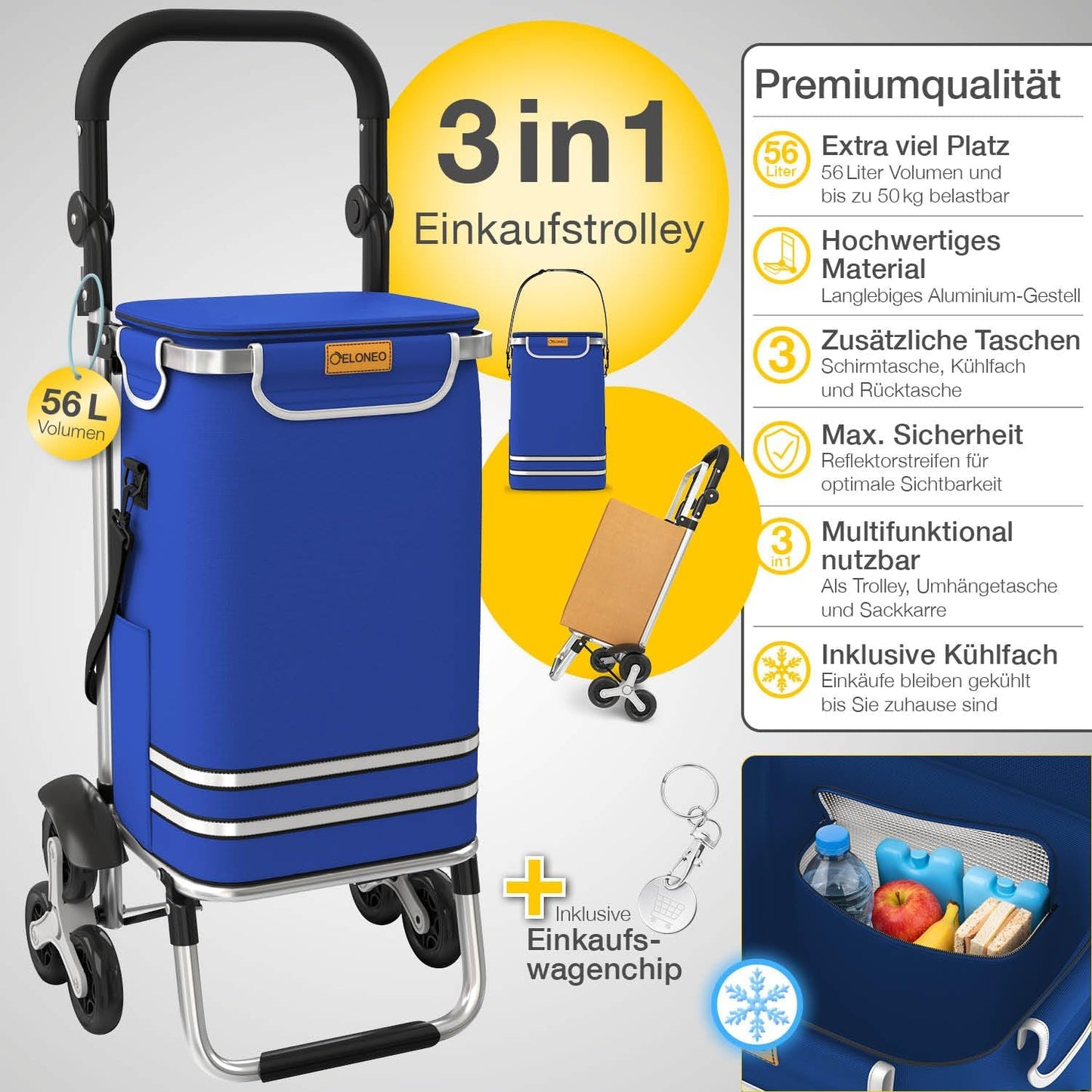 Einkaufstrolley Treppensteiger mit Kühlfach, Treppensteiger-Trolley Blau