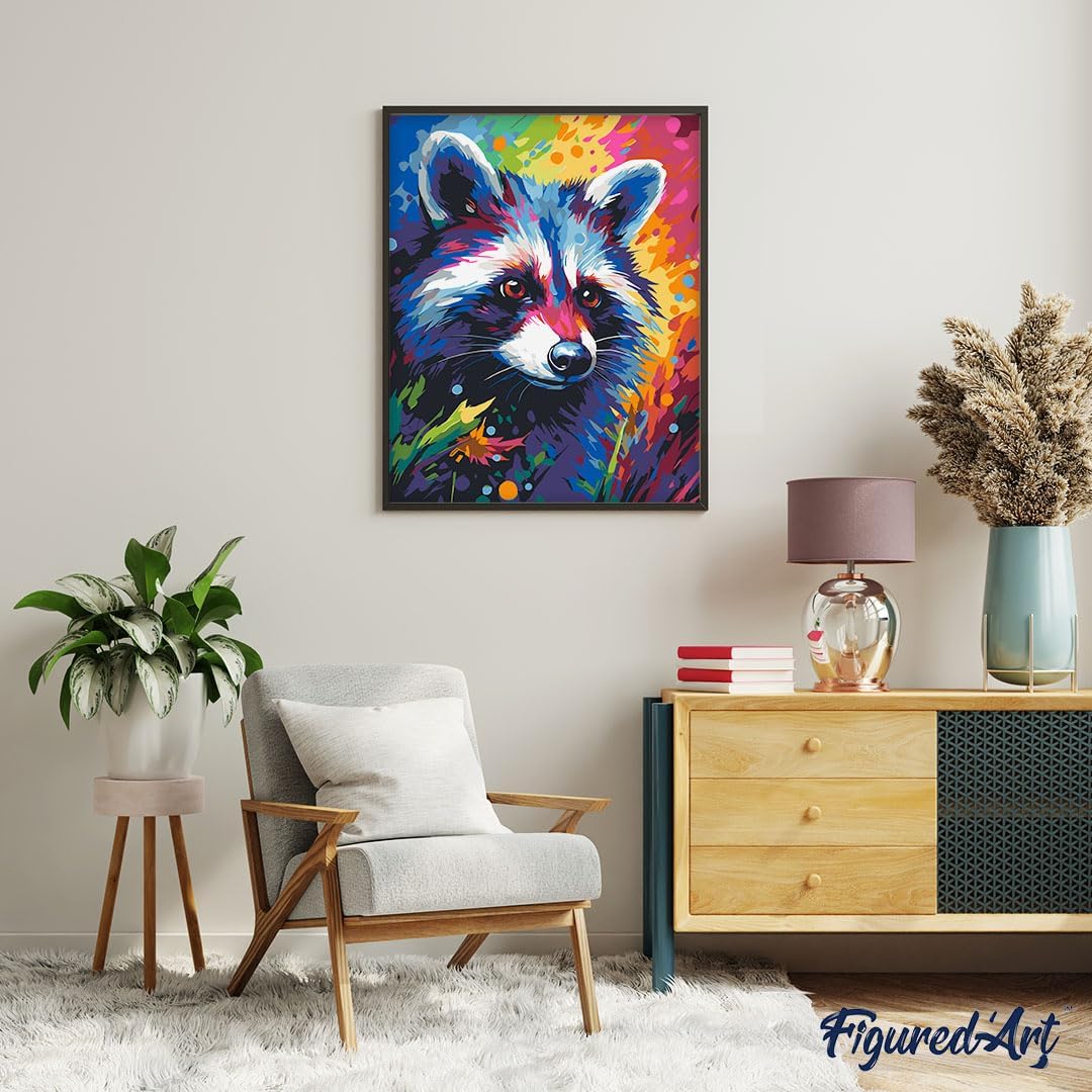 Malen nach Zahlen Set Waschbär (40x50cm, mit Rahmen), Waschbär Farbenfroh Abstrakt 40x50cm Mit Rahmen (bereits gespannt)