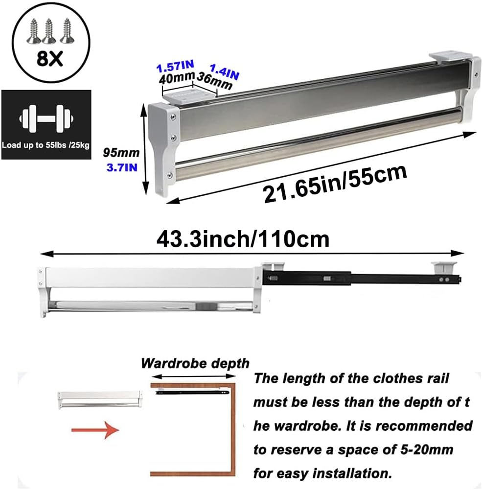 Ausziehbare Kleiderstange mit 2 Gleitschienen, 550mm