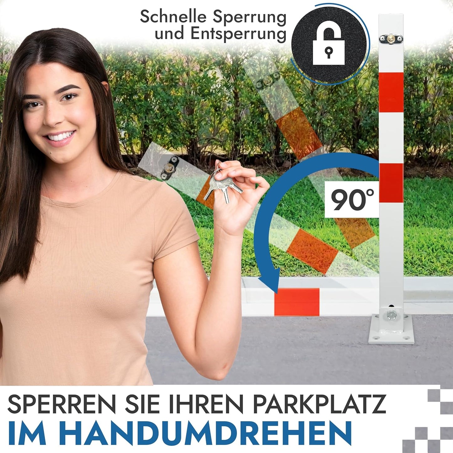 Klappbarer Absperrpfosten mit Schlüsseln und Dübeln, 1