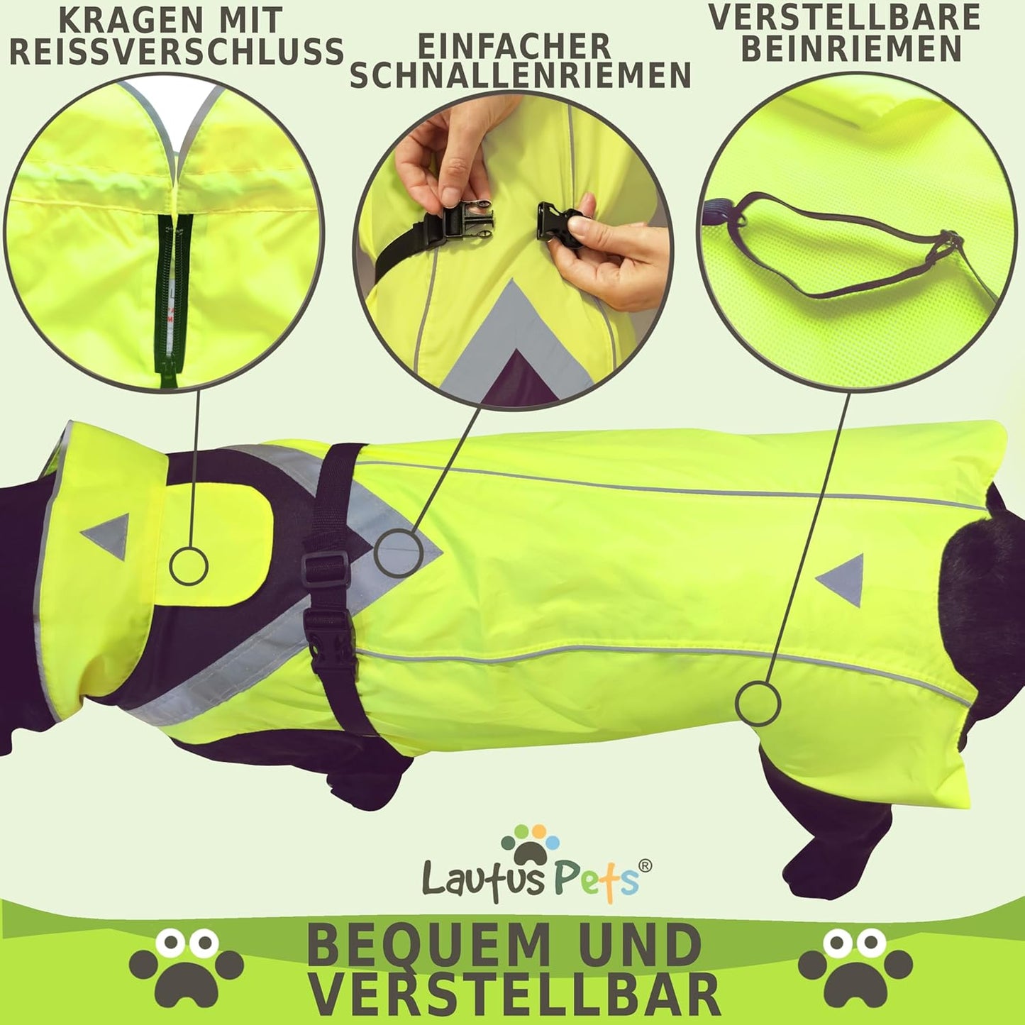 Wasserdichter Hunderegenmantel mit Sicherheitsstreifen & Leinenöffnung, Gelb M