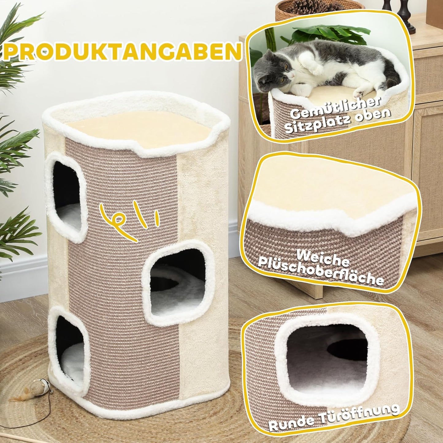 Katzentonne mit Kratzbaum und Kissen (dreistöckig), Beige+Weiß