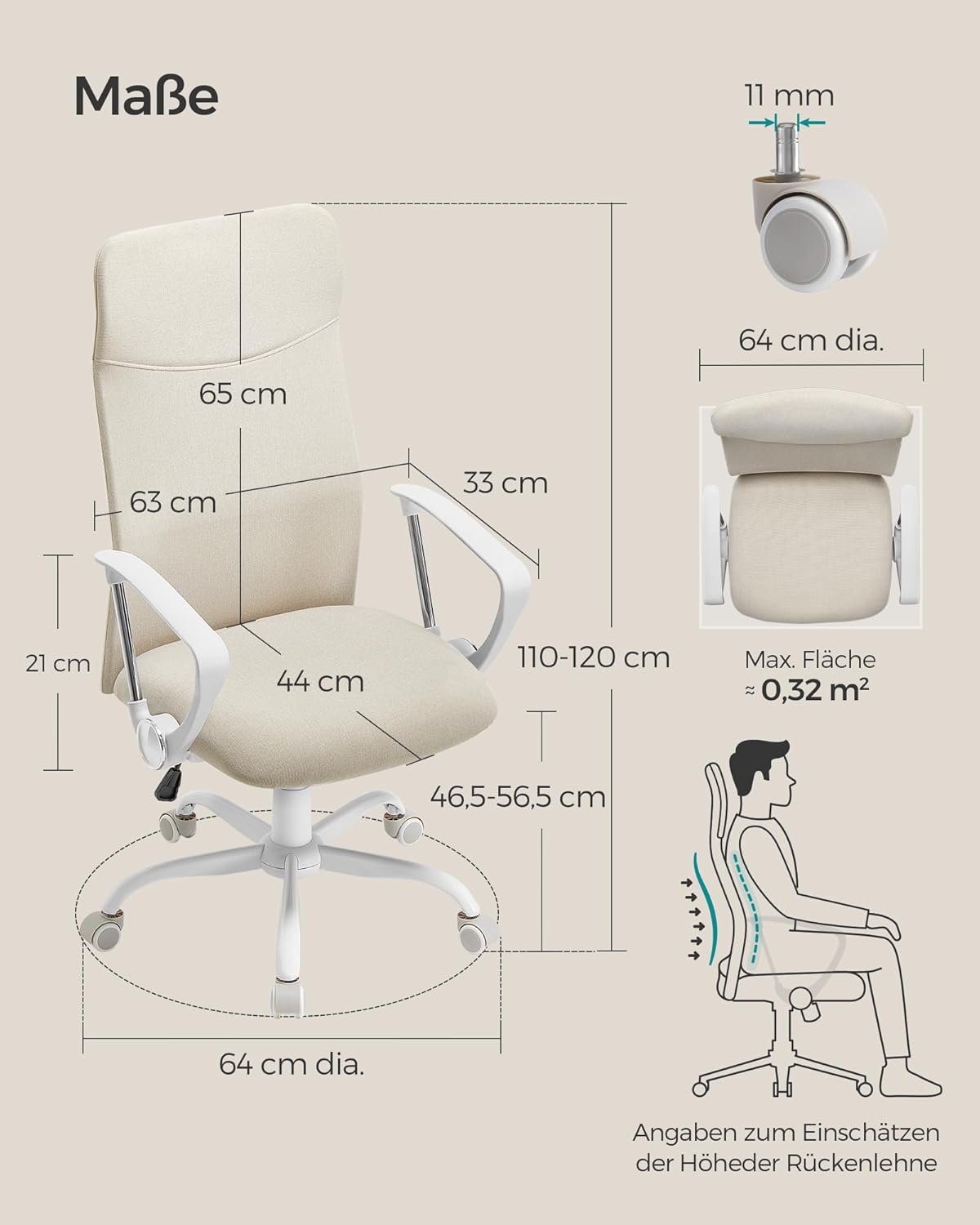 Ergonomischer Bürostuhl, höhenverstellbar, neigbar, Cappuccinobeige 1