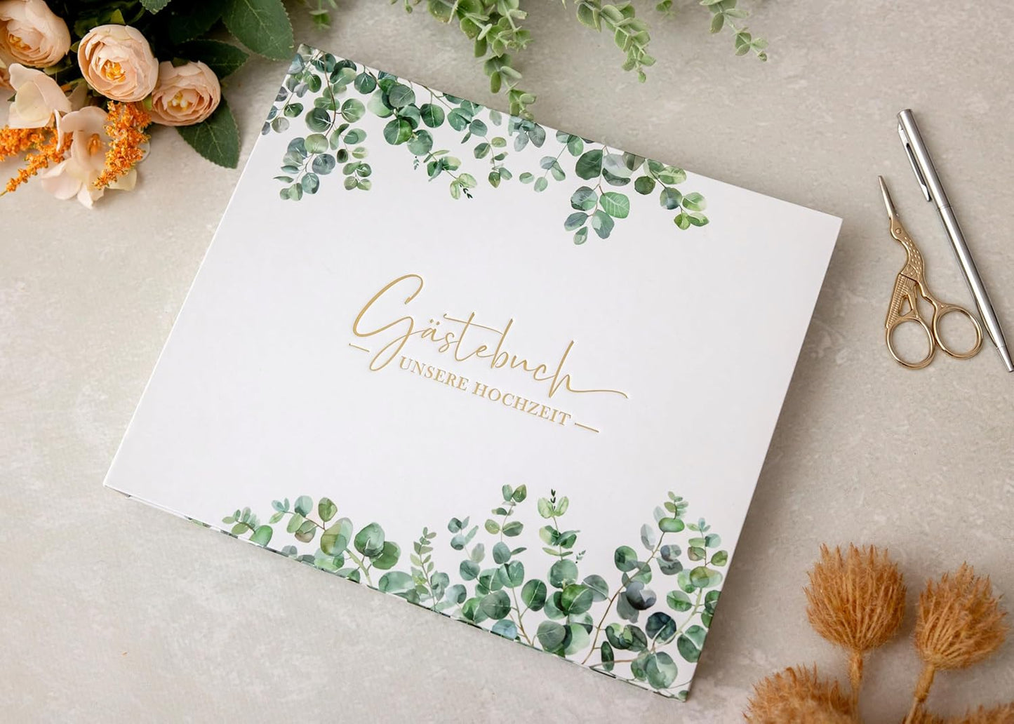 Gästebuch mit Fragen, mit Fragen Eukalyptus + Gold