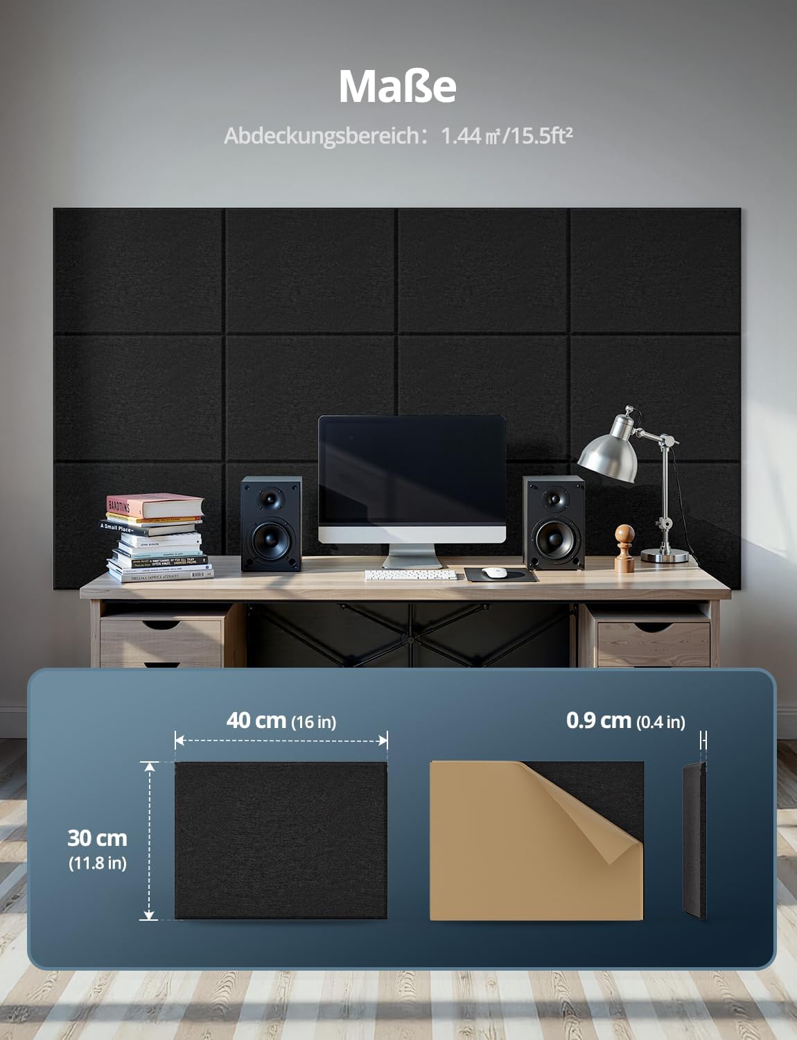 Selbstklebende Akustikplatten, Rechteckig 40×30 cm Schwarz