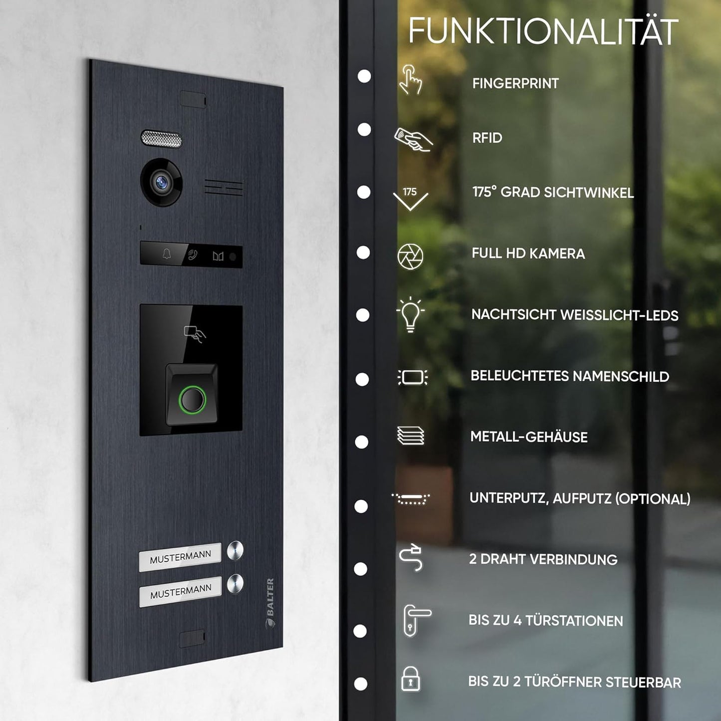 EVO-HD Video Türsprechanlage mit Fingerabdruckscanner, 3-Familienhaus, 3 Familienhaus, Ohne App C. Schwarz/Schwarz