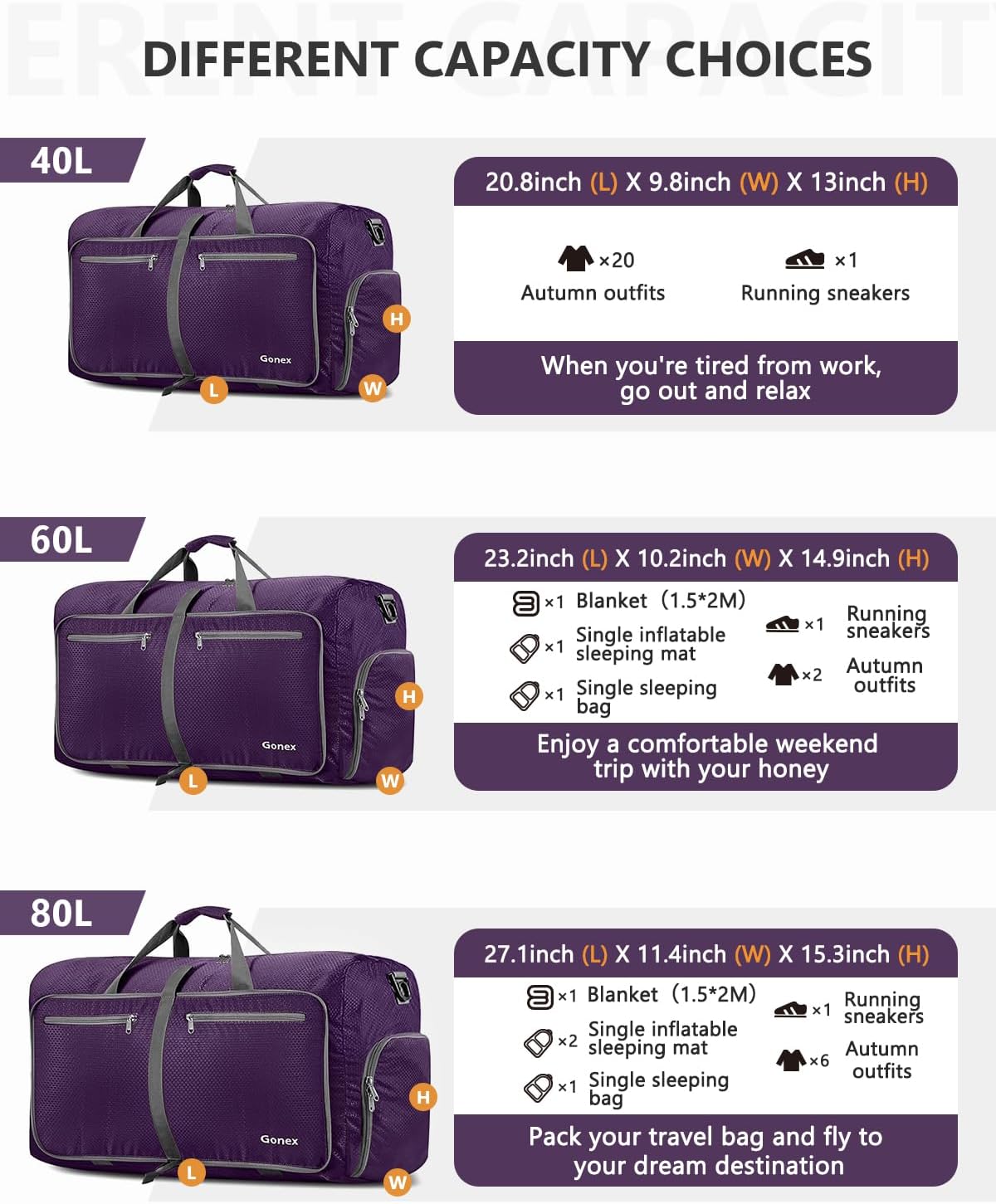 Faltbare Reisetasche, Lila 60L