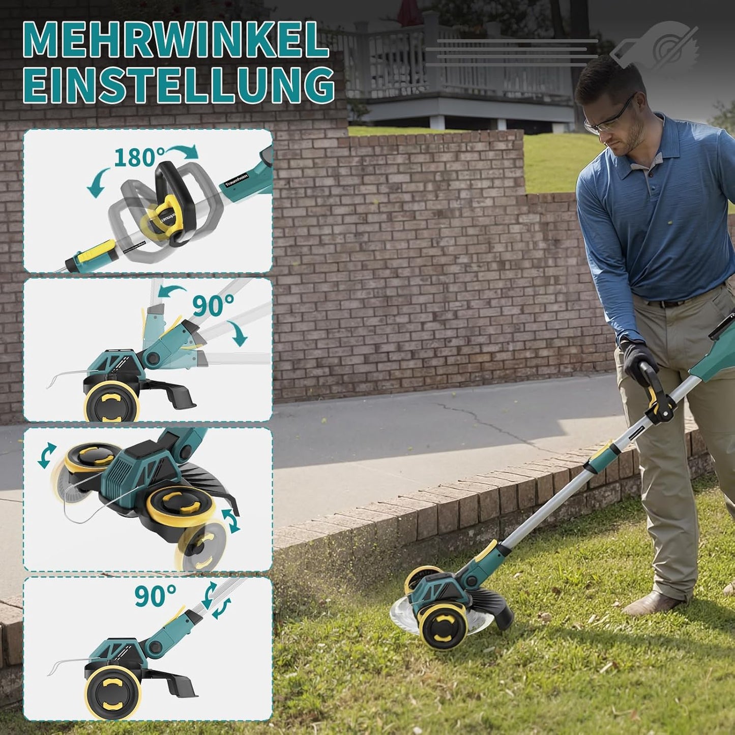 5-in-1 Akku-Rasentrimmer mit Unkrautbürste und Freischneider, Blau