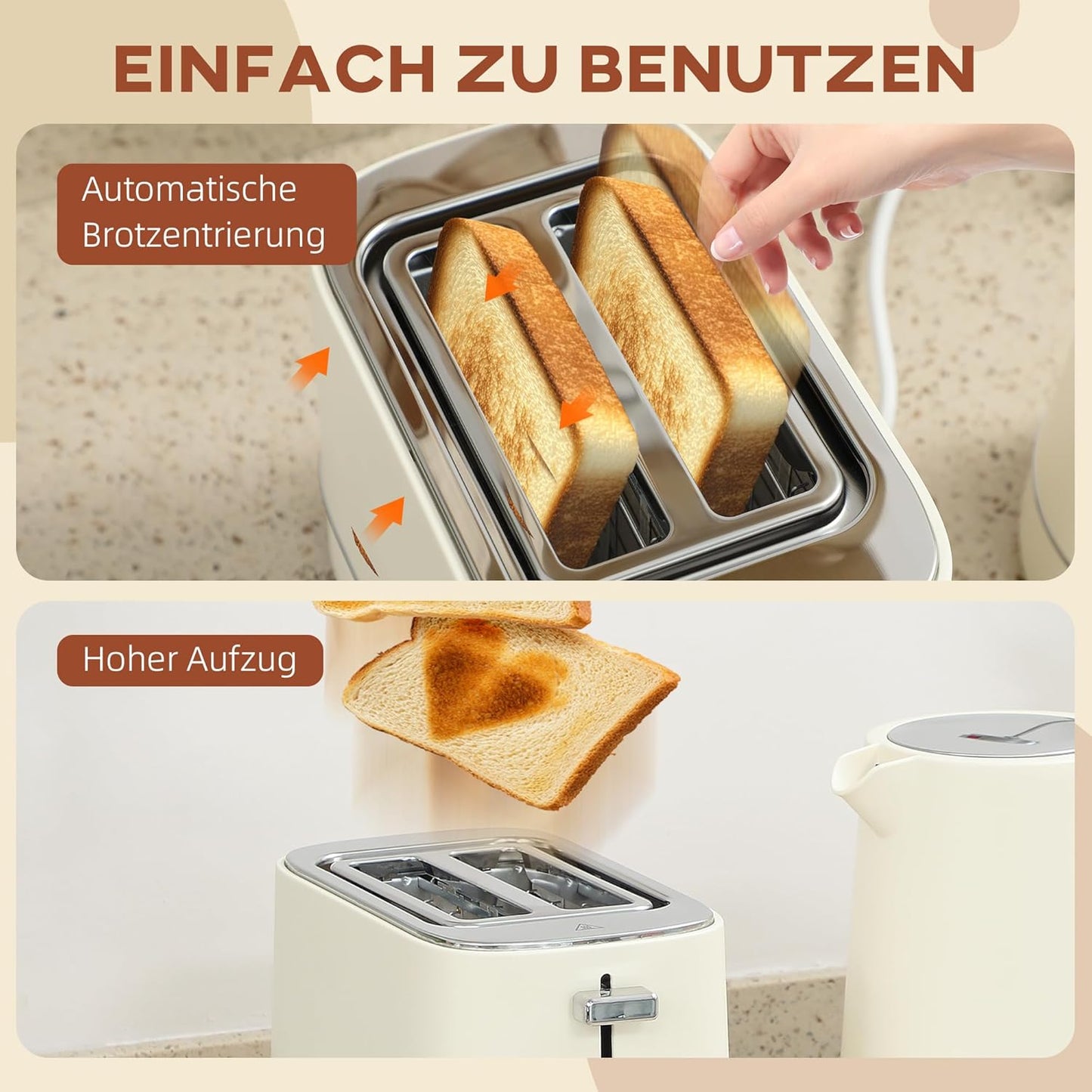 Wasserkocher Toaster Frühstücks-Set mit Kalkfilter, Beige