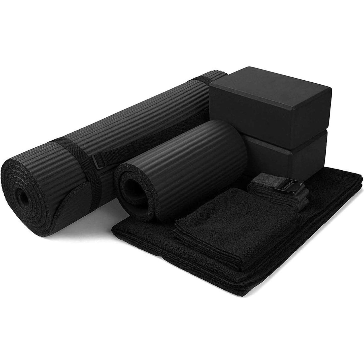 Yoga-Set mit Matte, Blöcken und Zubehör, Schwarz