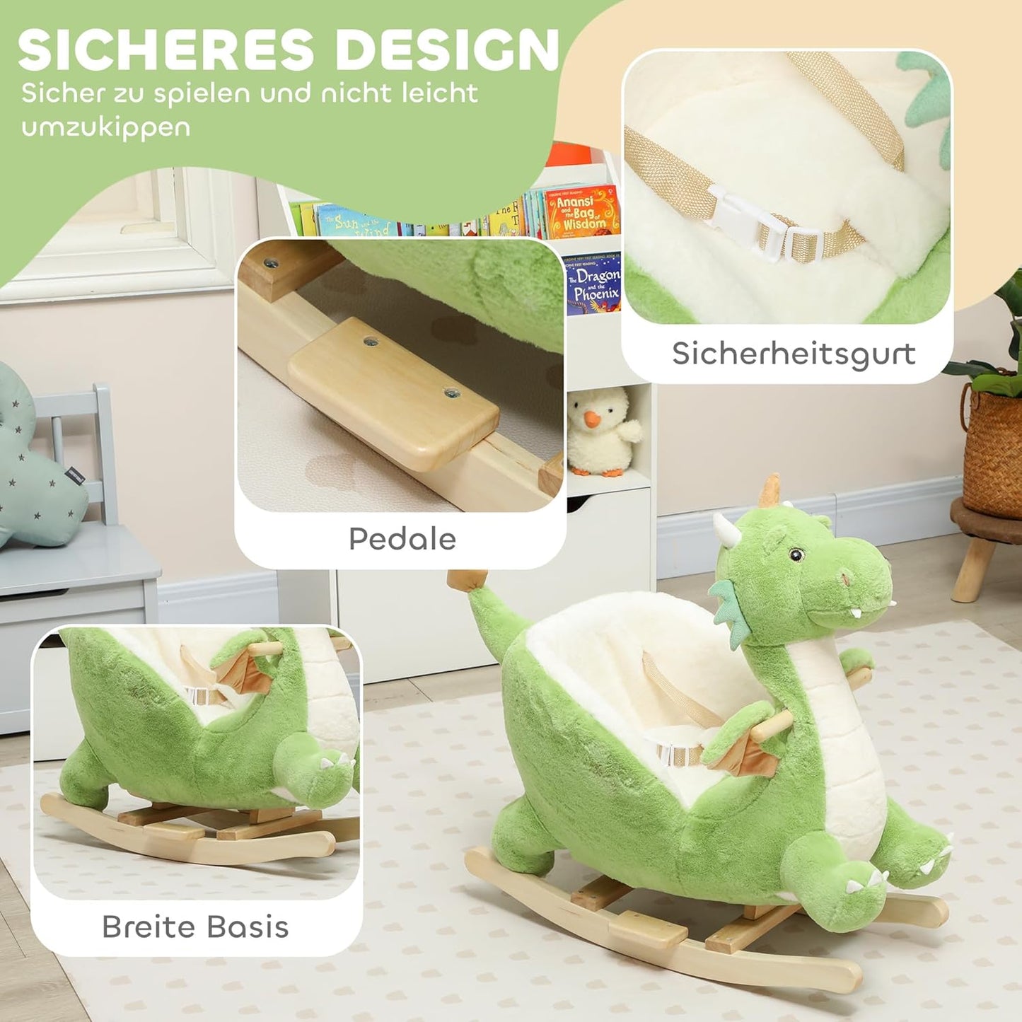 Schaukelpferd Pappelholz, Polyester Grün