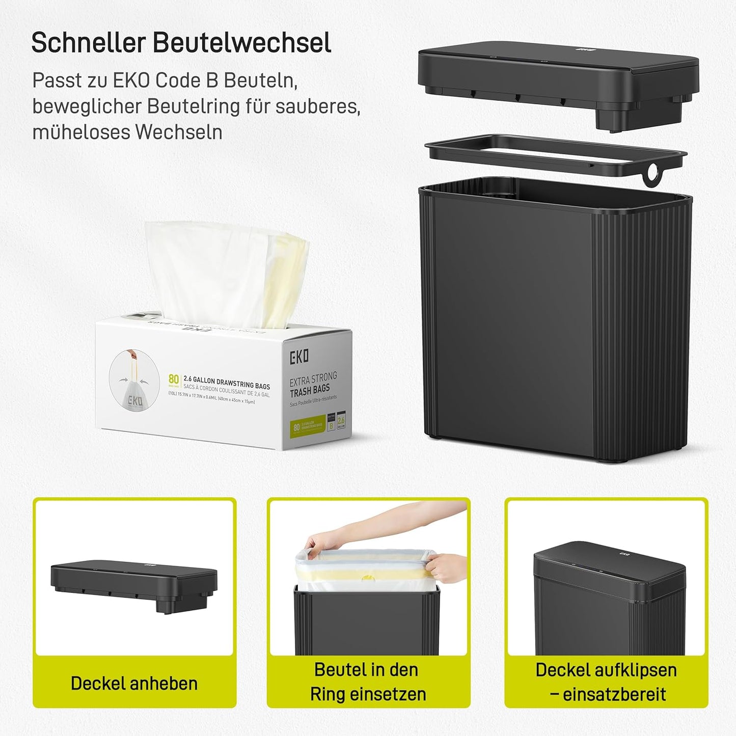 Brio Mülleimer mit Bewegungssensor, wasserdicht, Brio 10L-Schwarz