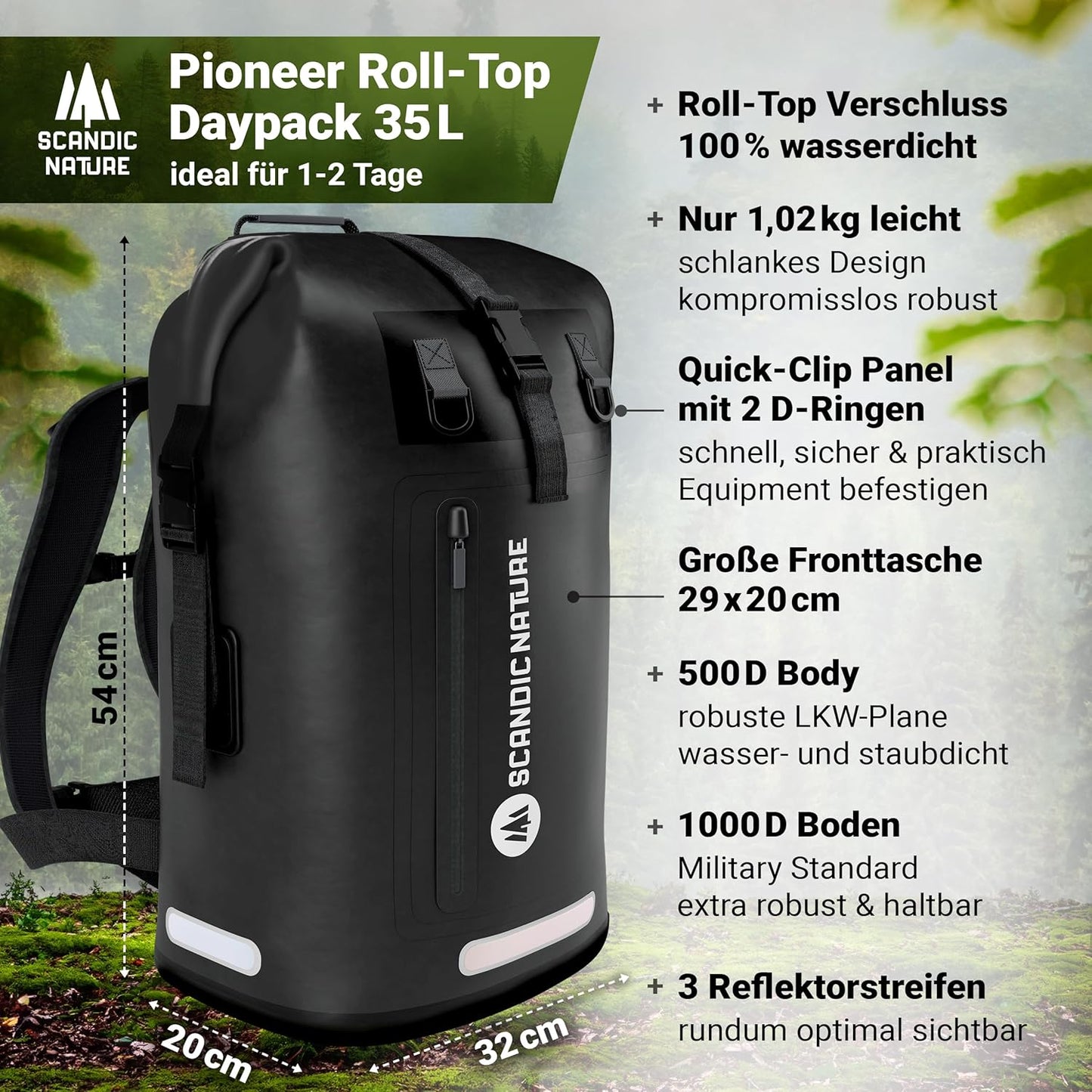 Wasserdichter Rucksack mit Rolltop-Verschluss und Handyhülle, Schwarz 35 Liter