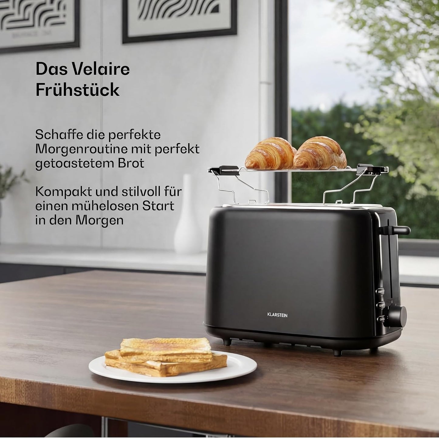 Velaire Toaster für 2 Scheiben mit Brötchenhalter, Schwarz Toaster