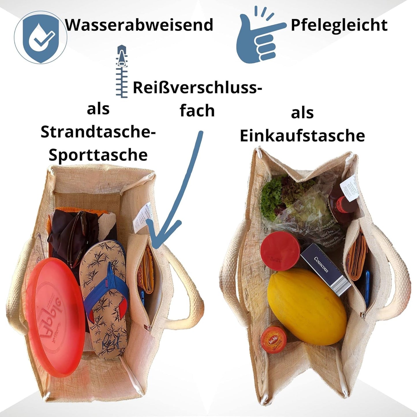 Vegane Jutetasche Shopper 24L mit Reissverschlussfach, Meer Geht Immer