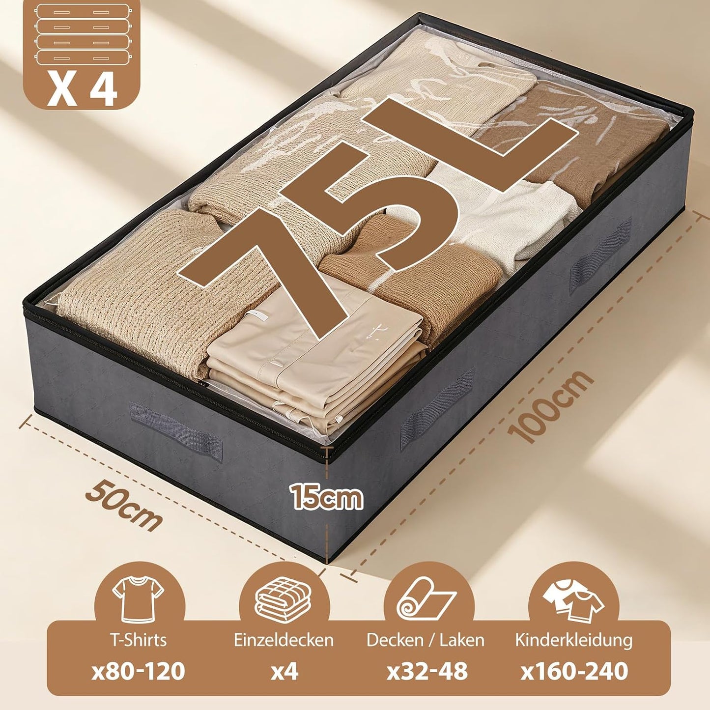 Unterbett Aufbewahrungstaschen-Set, 75L (L100 x B50 x H15 cm für Unterbett ) 4