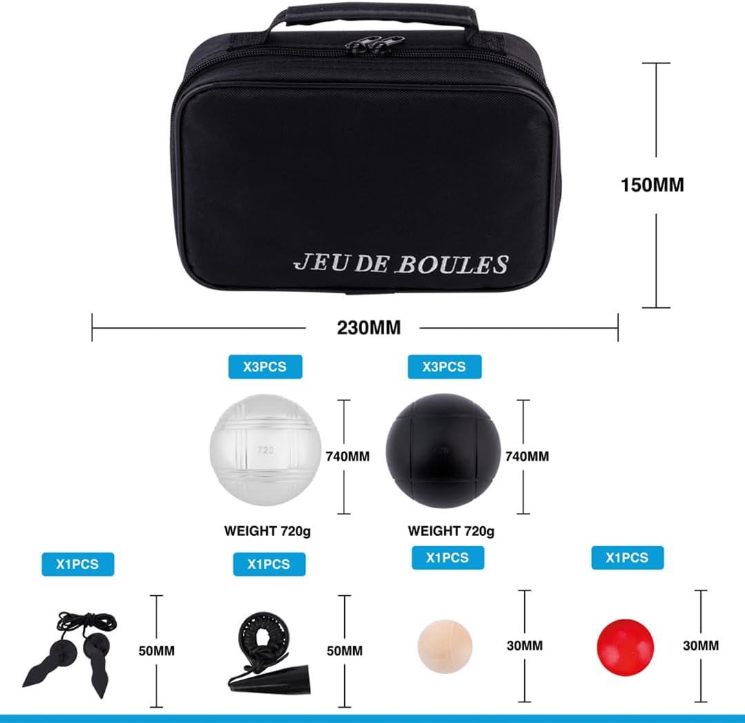 6 Boulekugeln im Beutel, Boule Set in klassischem Stil