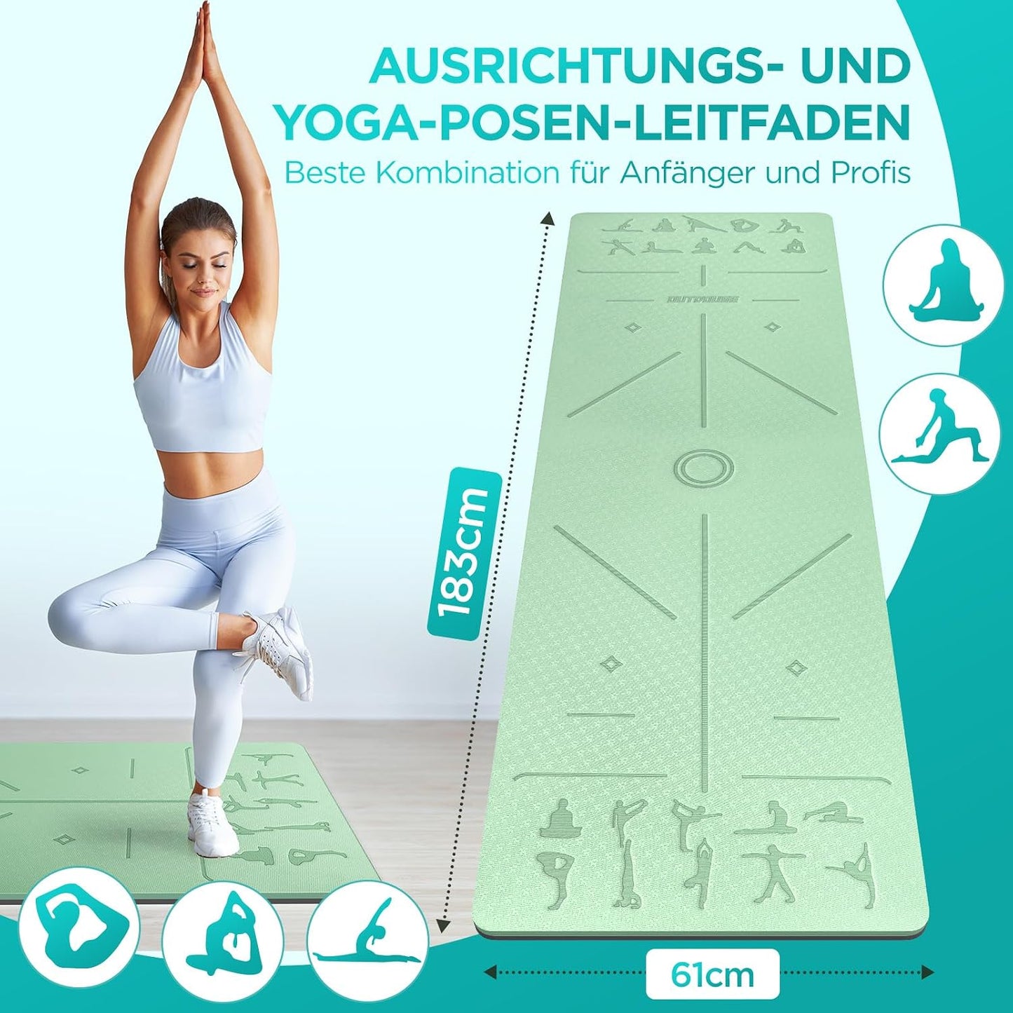 Yoga- und Gymnastikmatte, grün und schwarz 183 cm x 61 cm x 1 cm