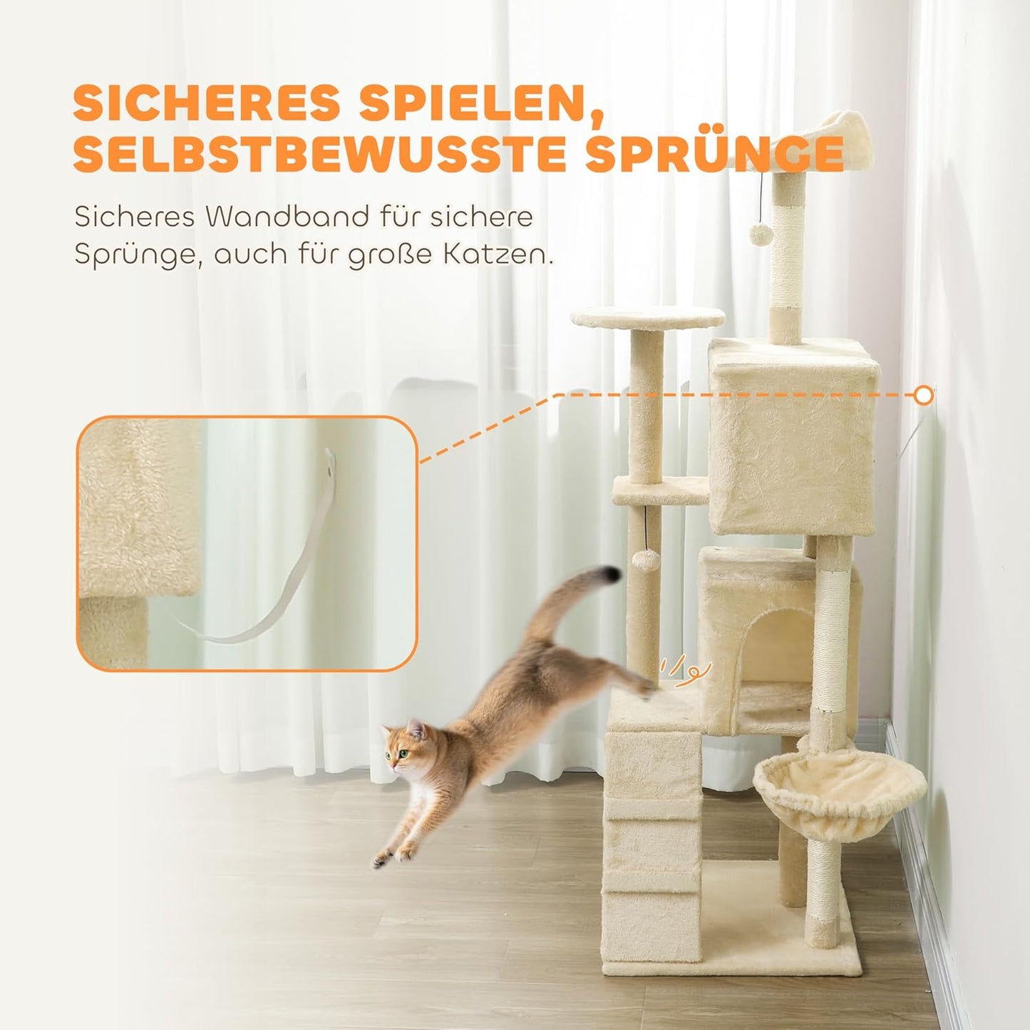 Kratzbaum mit Höhlen und Hängematte (160 cm), Beige 160H cm