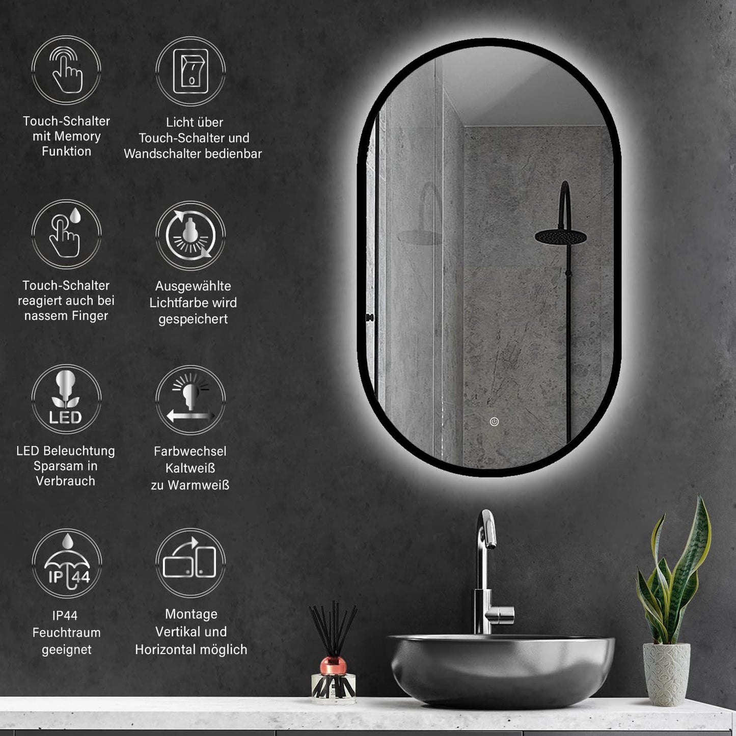 Ovaler Badspiegel mit LED-Beleuchtung und Touch-Schalter, Schwarz + Oval ; 75L x 45B cm