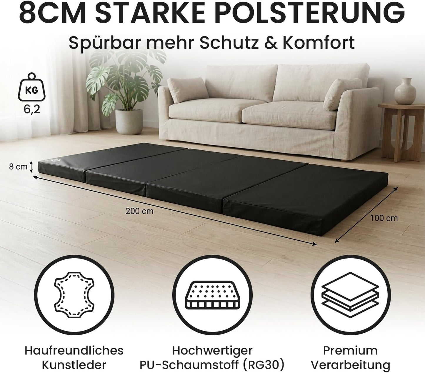 Klappbare Weichboden- und Turnmatte 200 x 100 x 8 cm, Schwarz