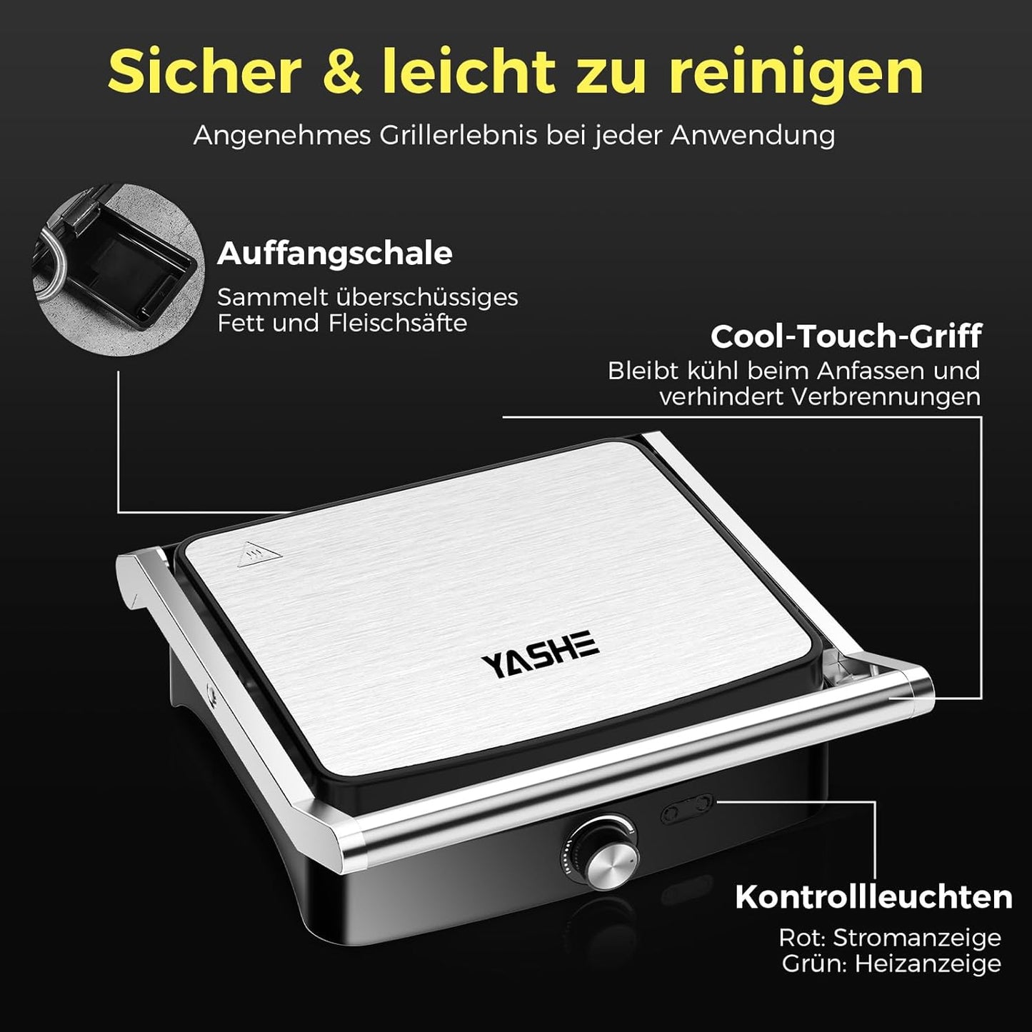 Kontaktgrill mit Antihaftplatten, Cool-Touch-Griff, Fettauffangschale