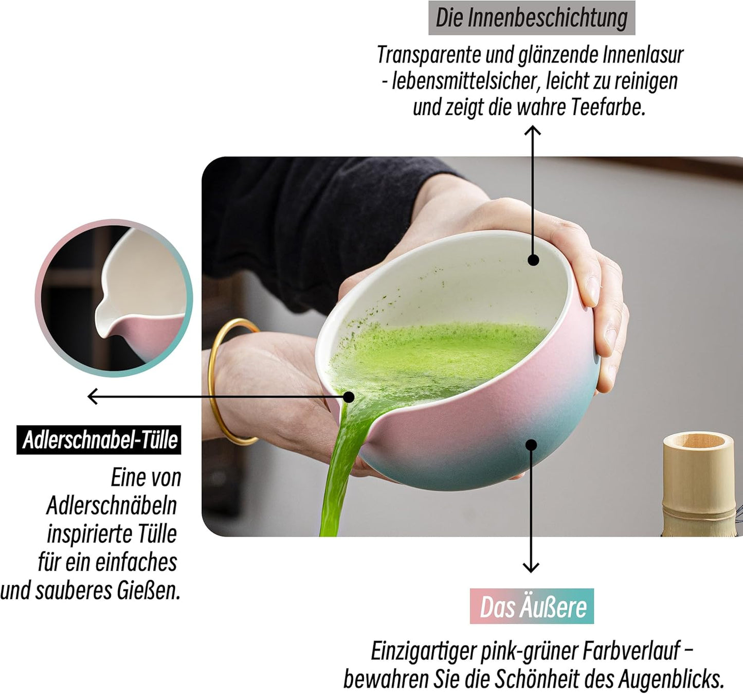 Japanische Matcha-Schale mit Schneebesenhalter (510ml), Grün Farbverlauf Rosa