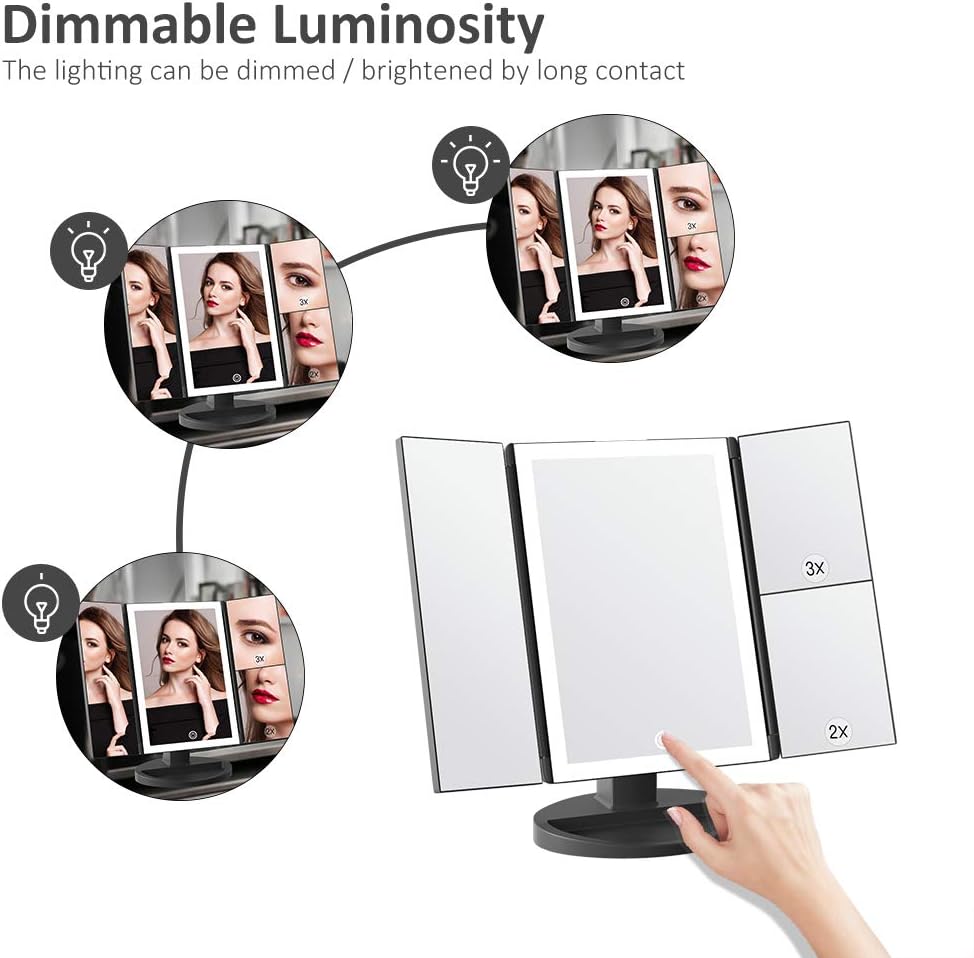 Dreifach gefalteter Kosmetikspiegel mit LED & Vergrösserung, Schwarz