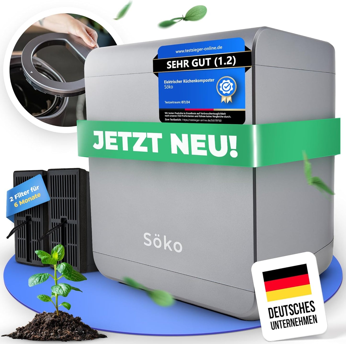 Elektrischer Schnellkomposter mit Aktivkohle-Filtern, Grau Mit Fensterdeckel