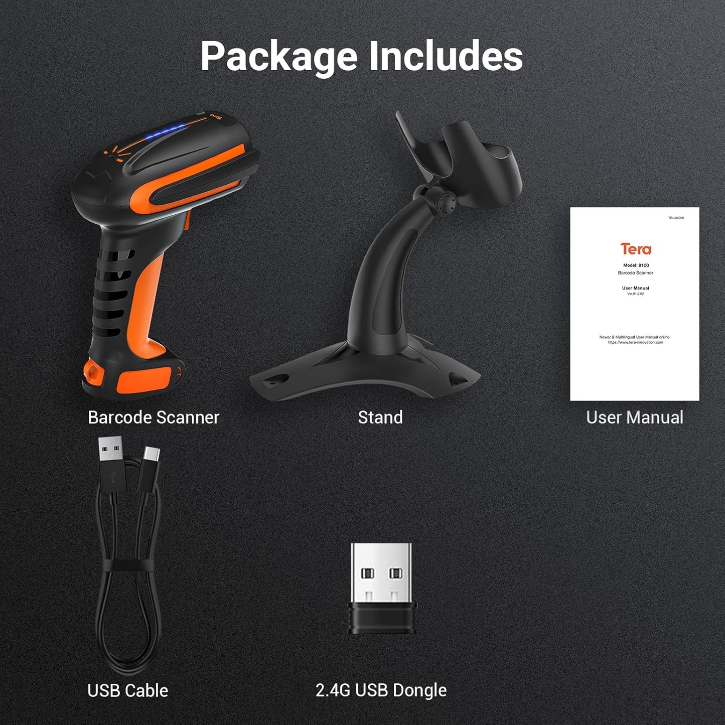 Pro Modell 8100, 1D 2D QR Barcode Scanner kabellos mit Ständer, 2D kabellos mit Halterung Orange