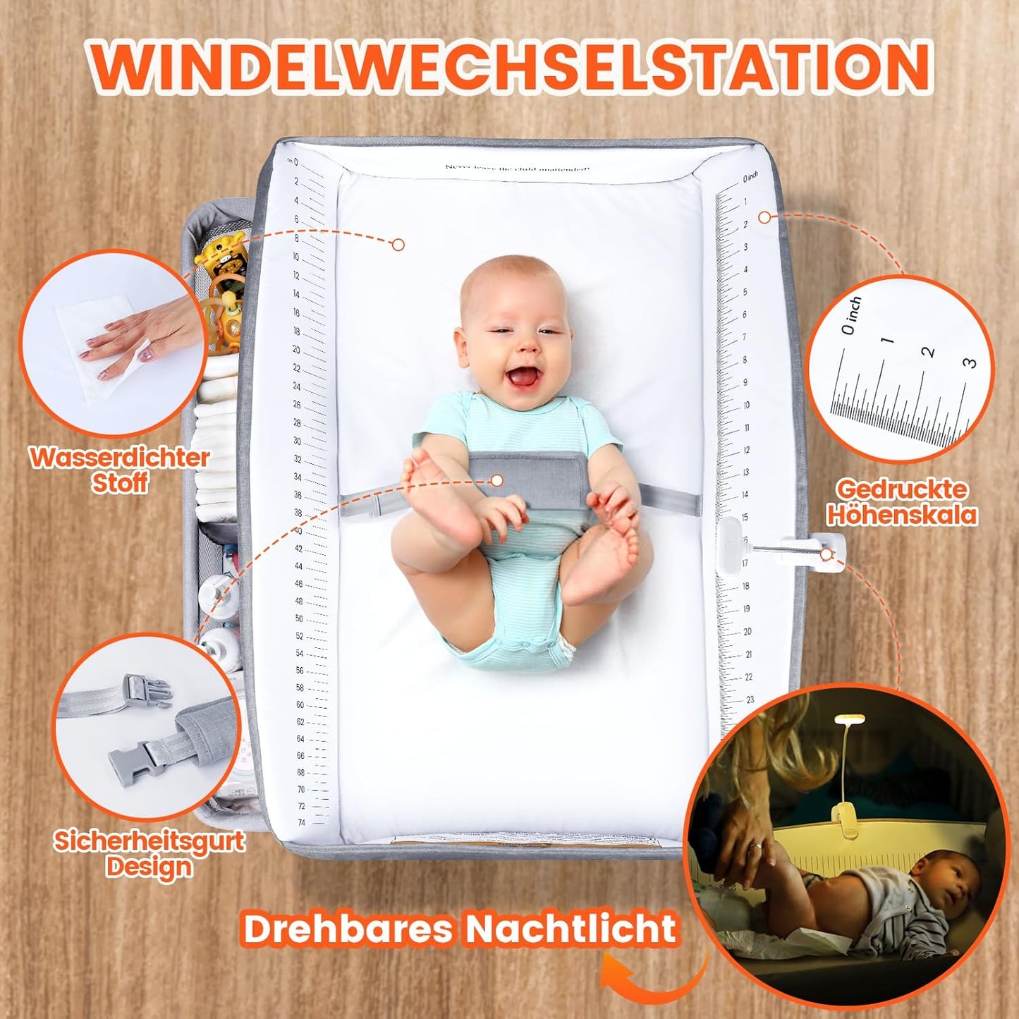 Höhenverstellbarer Baby-Wickeltisch mit Schubladen, Grau mit Schubladen