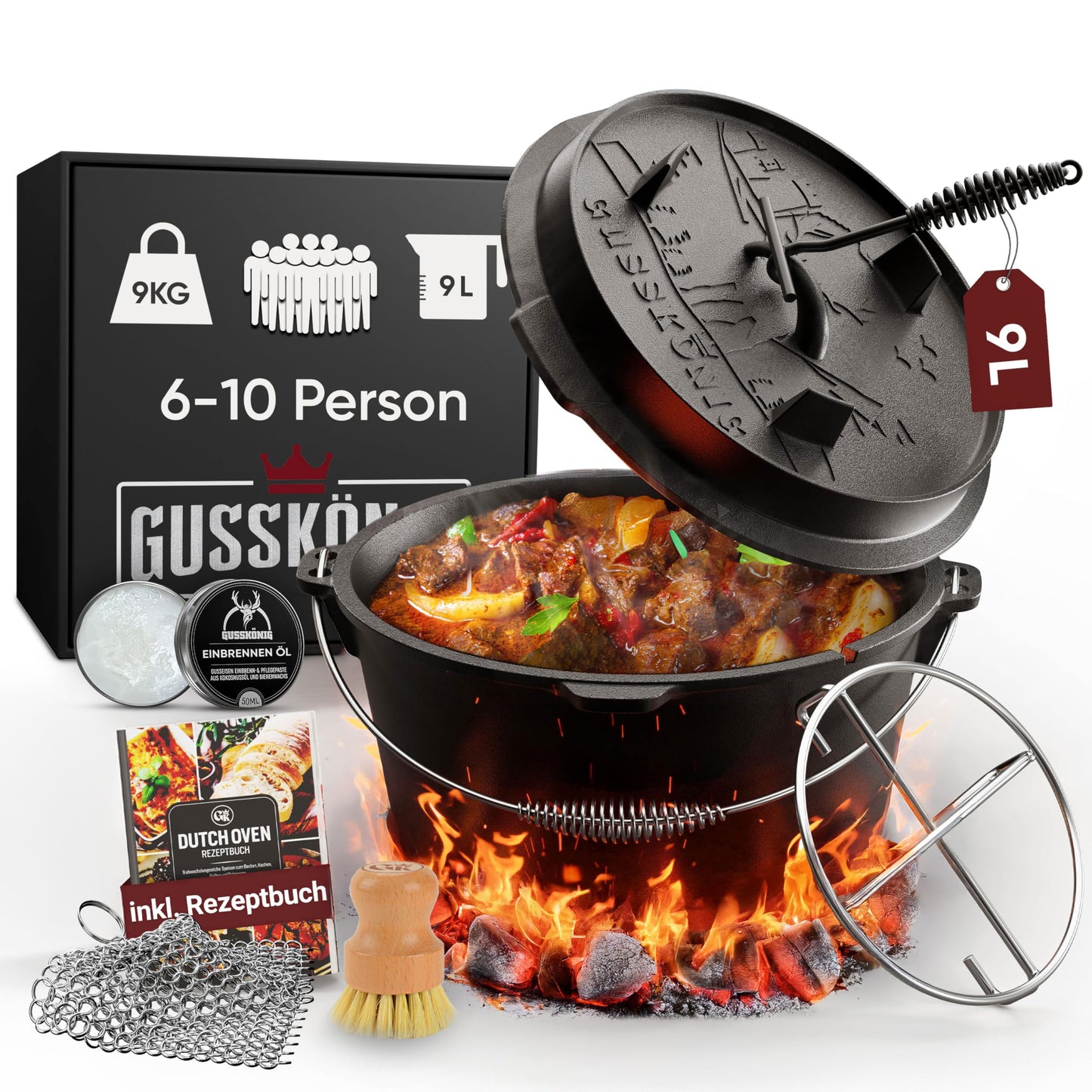 Dutch Oven Set, Schwarz ohne Füsse + Zubehör 9 Liter
