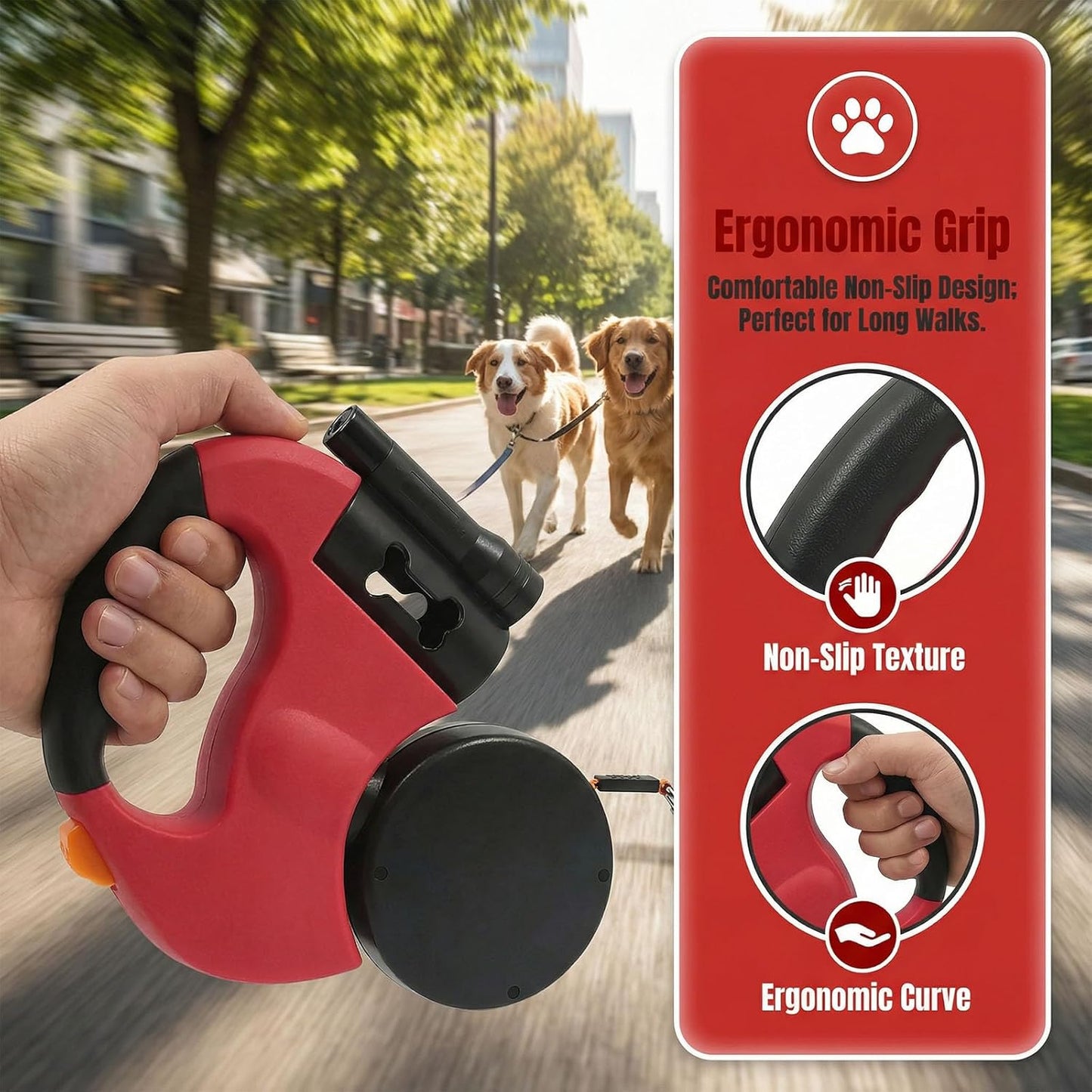 Einziehbare Doppelleine mit LED für 2 Hunde, 3m, Rot