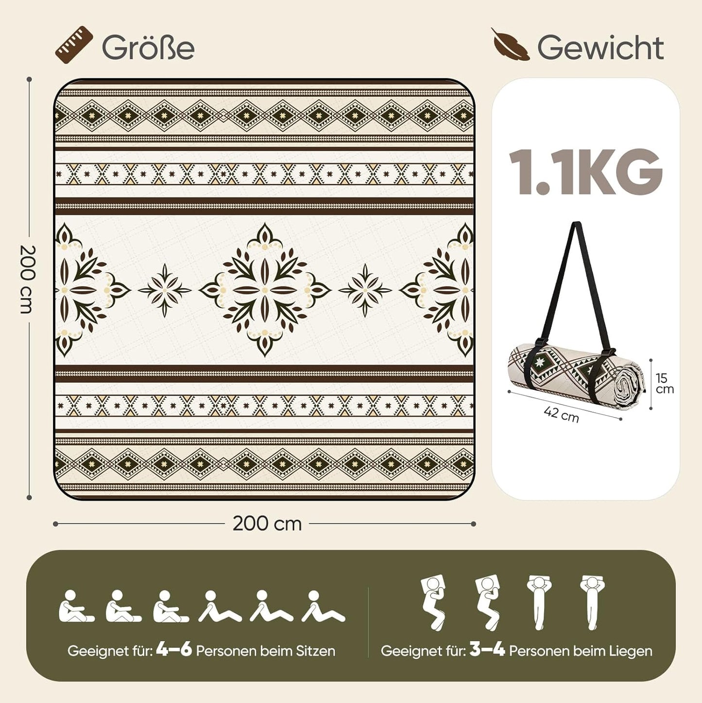 Wasserdichte Picknickdecke, 200x200 cm Beige - Mandala
