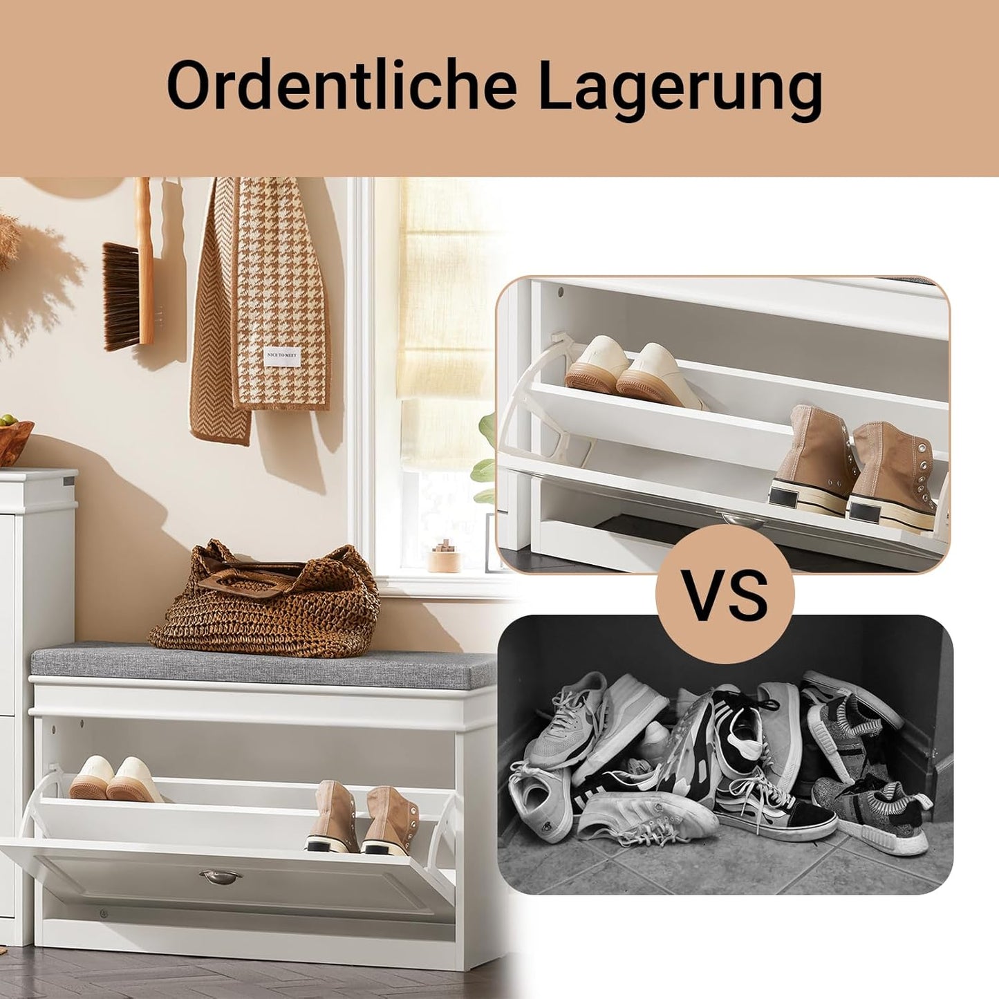 Schuhbank mit Sitzkissen und Stauraum, Lang Weiß