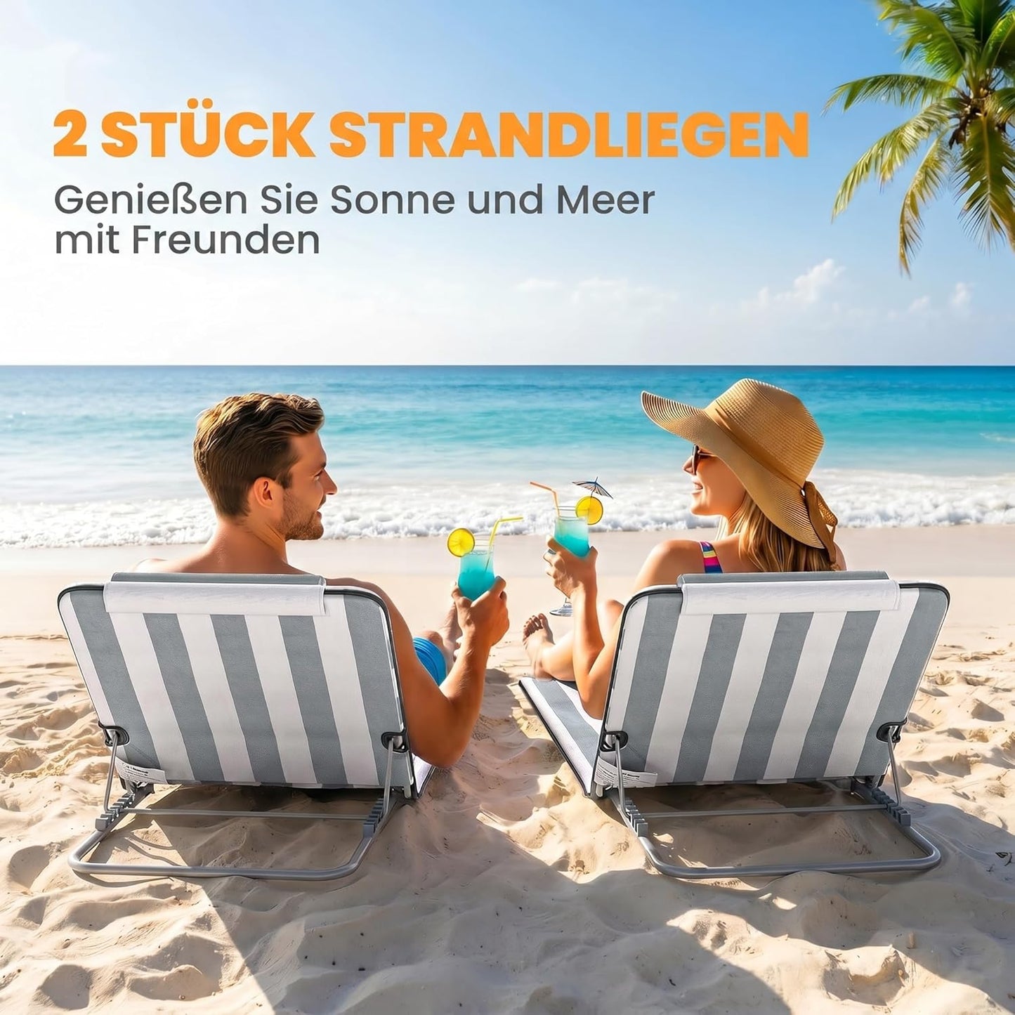 Klappbares Sonnenliegen-Set mit Kopfkissen und Tragetasche, Hellgrau