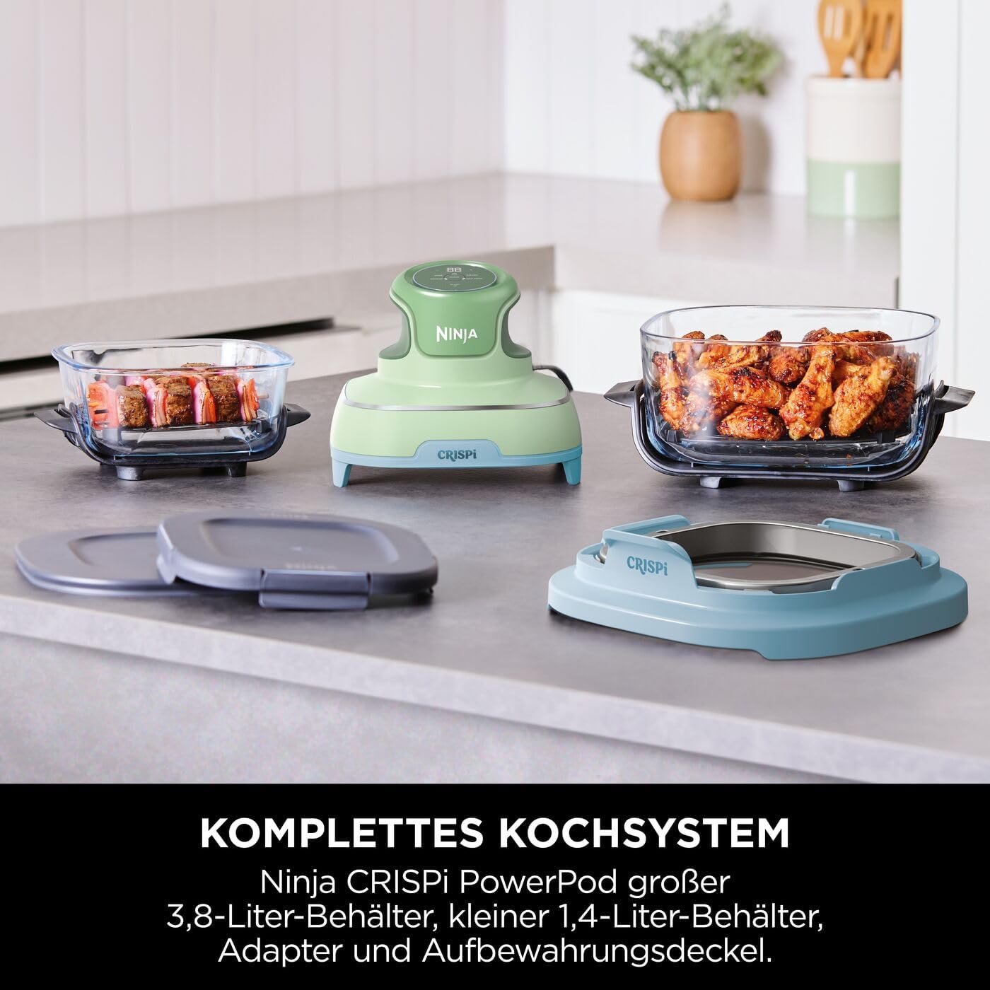CRISPi Tragbare Heissluftfritteuse mit Glasbehältern, Pastellgrün