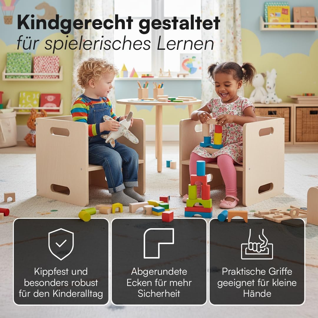 2er-Set Wendehocker für Kinderzimmer, 2x Stuhl Natur