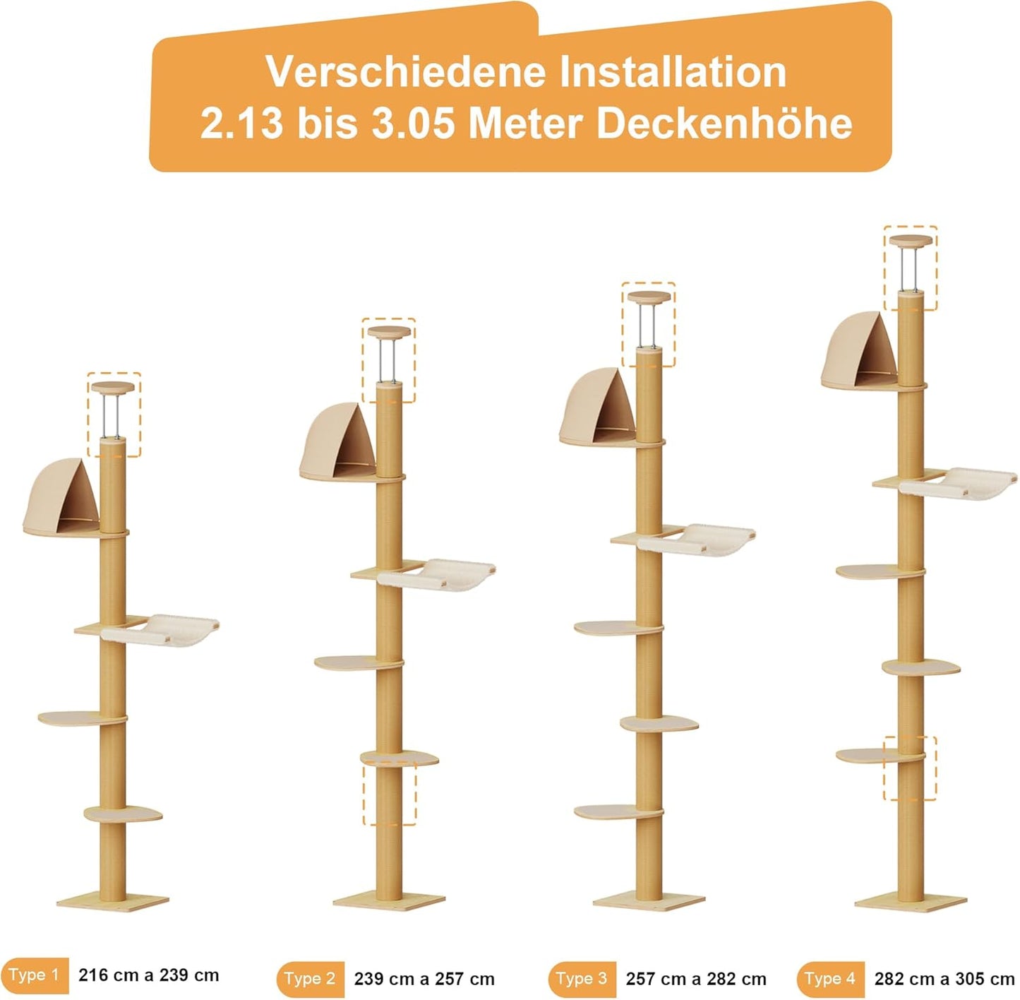 6-Etagen Kratzbaum mit Hängematte und Versteckzelt, höhenverstellbar, beige (282-305cm)