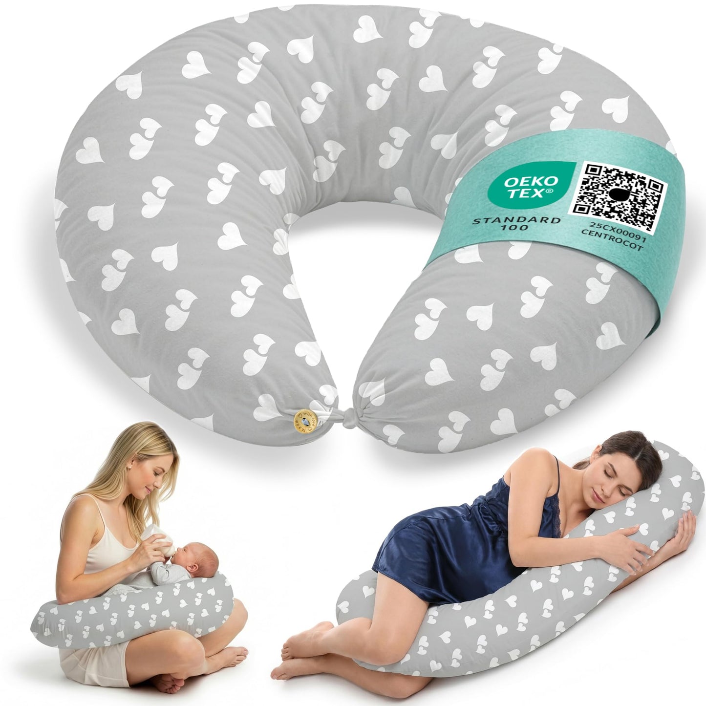 Ergonomisches Schwangerschafts- und Stillkissen XXL, Grau mit Weissen Herzen Stillkissen XXL