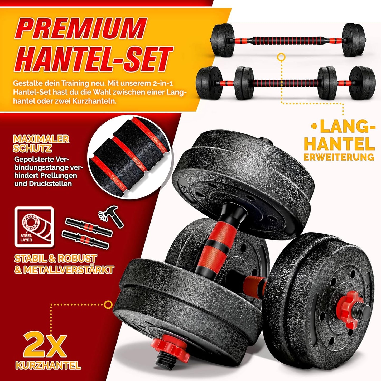 2-in-1 Hantelset verstellbar, 15 kg