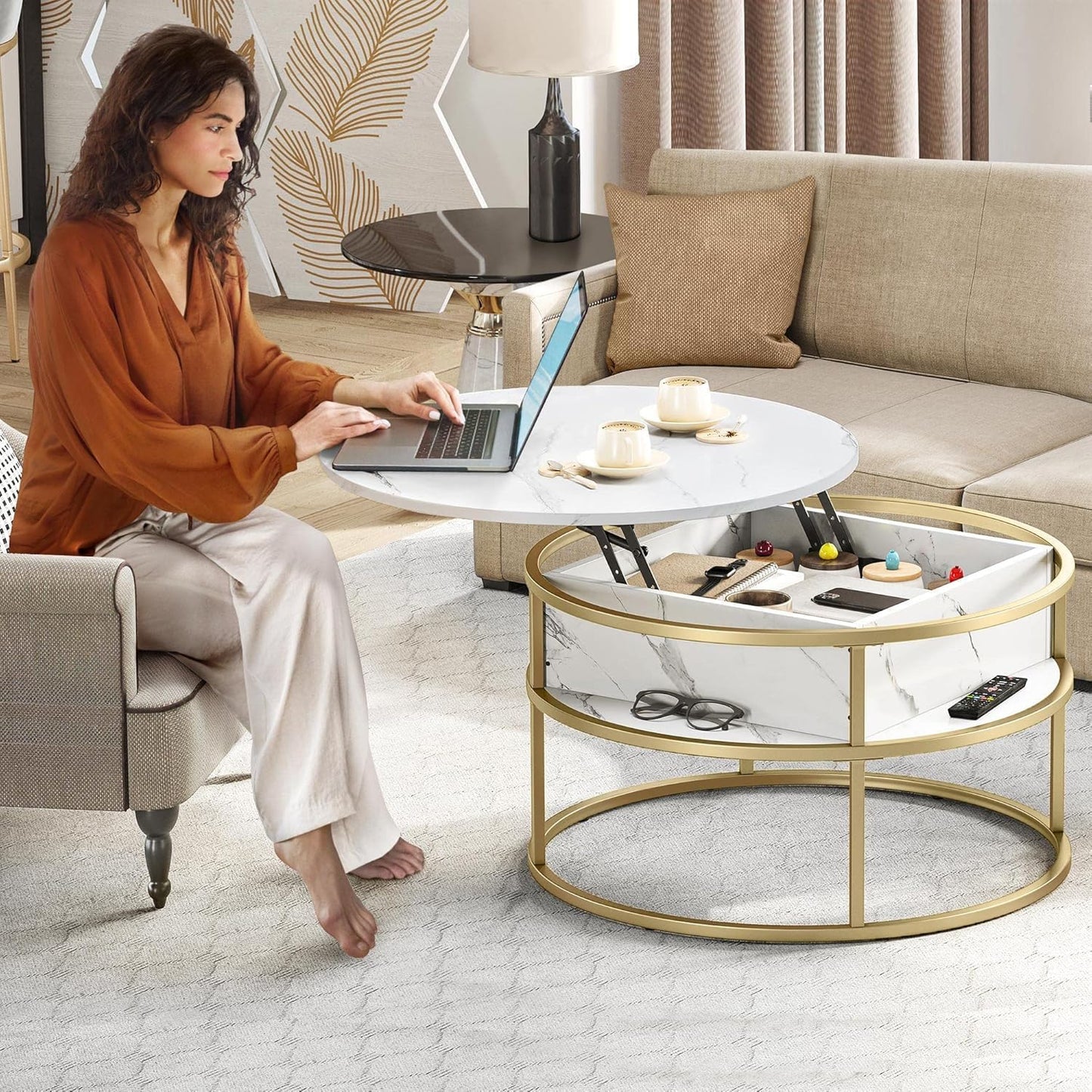 Runder Couchtisch mit Stauraum, Weiss&gold 80x80x47cm