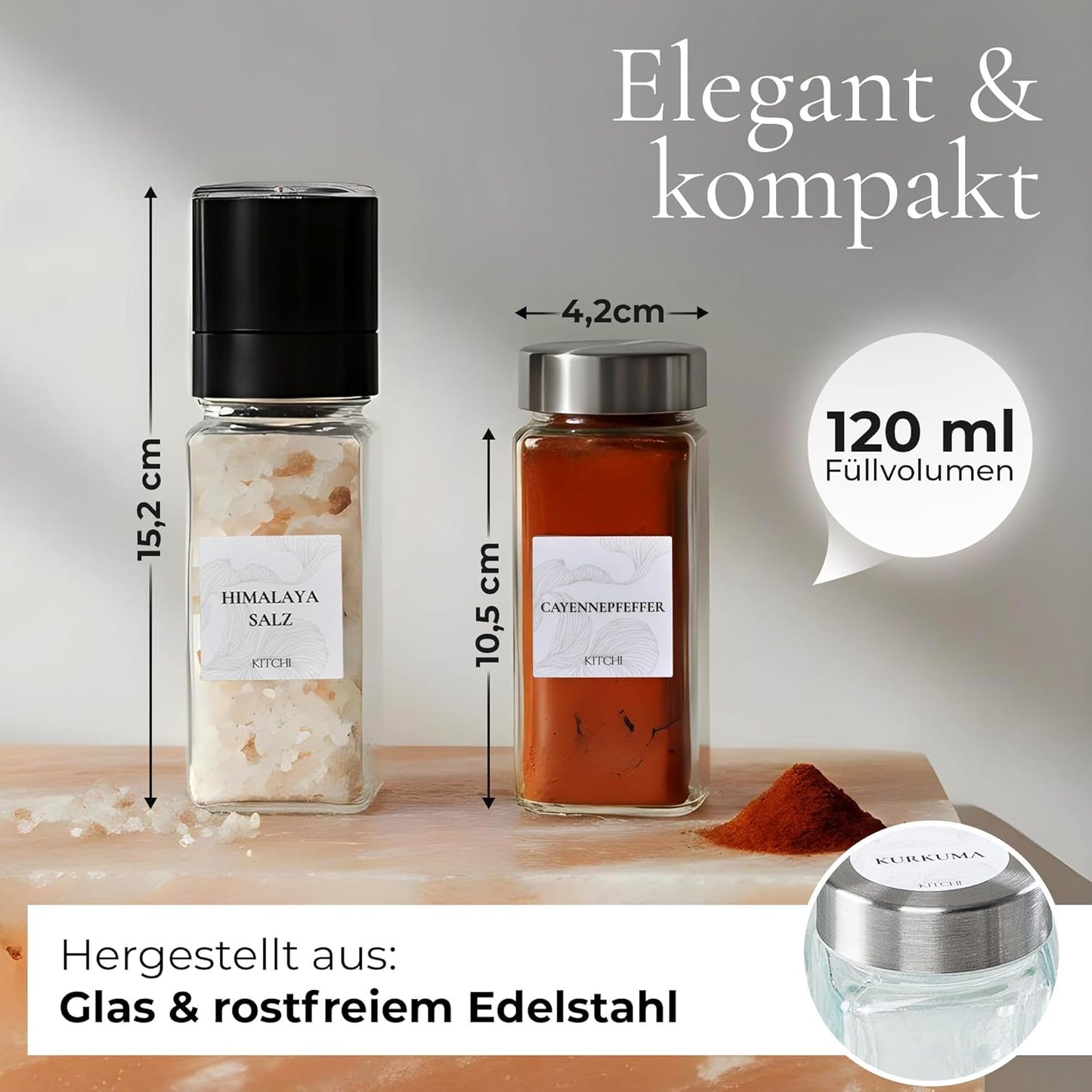 24-teiliges Gewürzgläser-Set mit Mühlen, Silber + 2 Mühlen