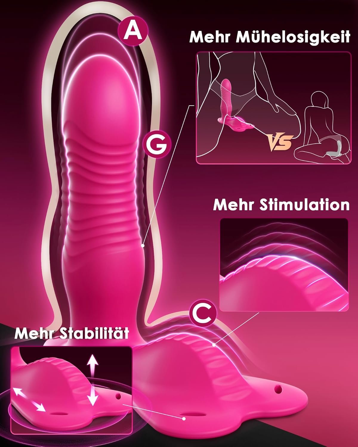 Aufsitz Vibrator mit Stoss- und Reibungsfunktion, Rosenrot