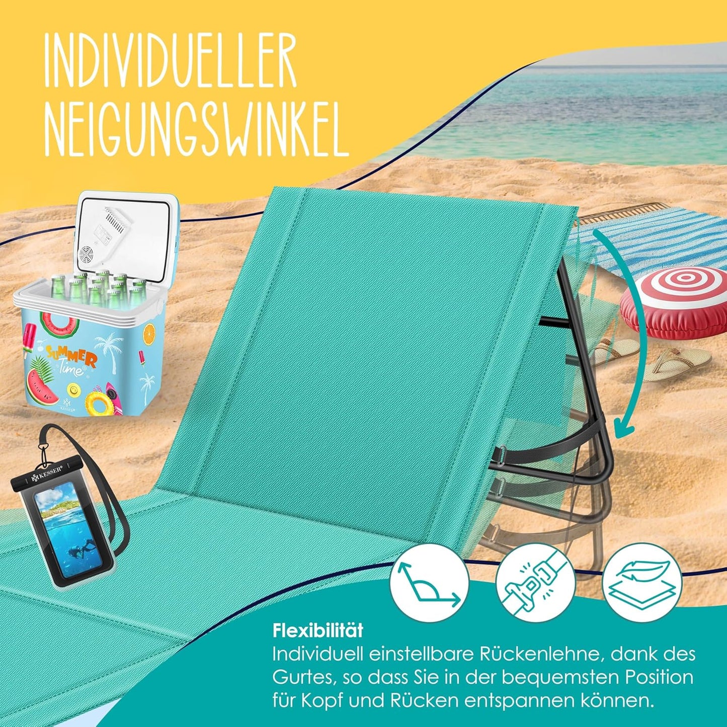 Klappbare Strandmatte mit verstellbarer Rückenlehne und Tragegurt 2er-Set, 2 Stück Aqua Blue