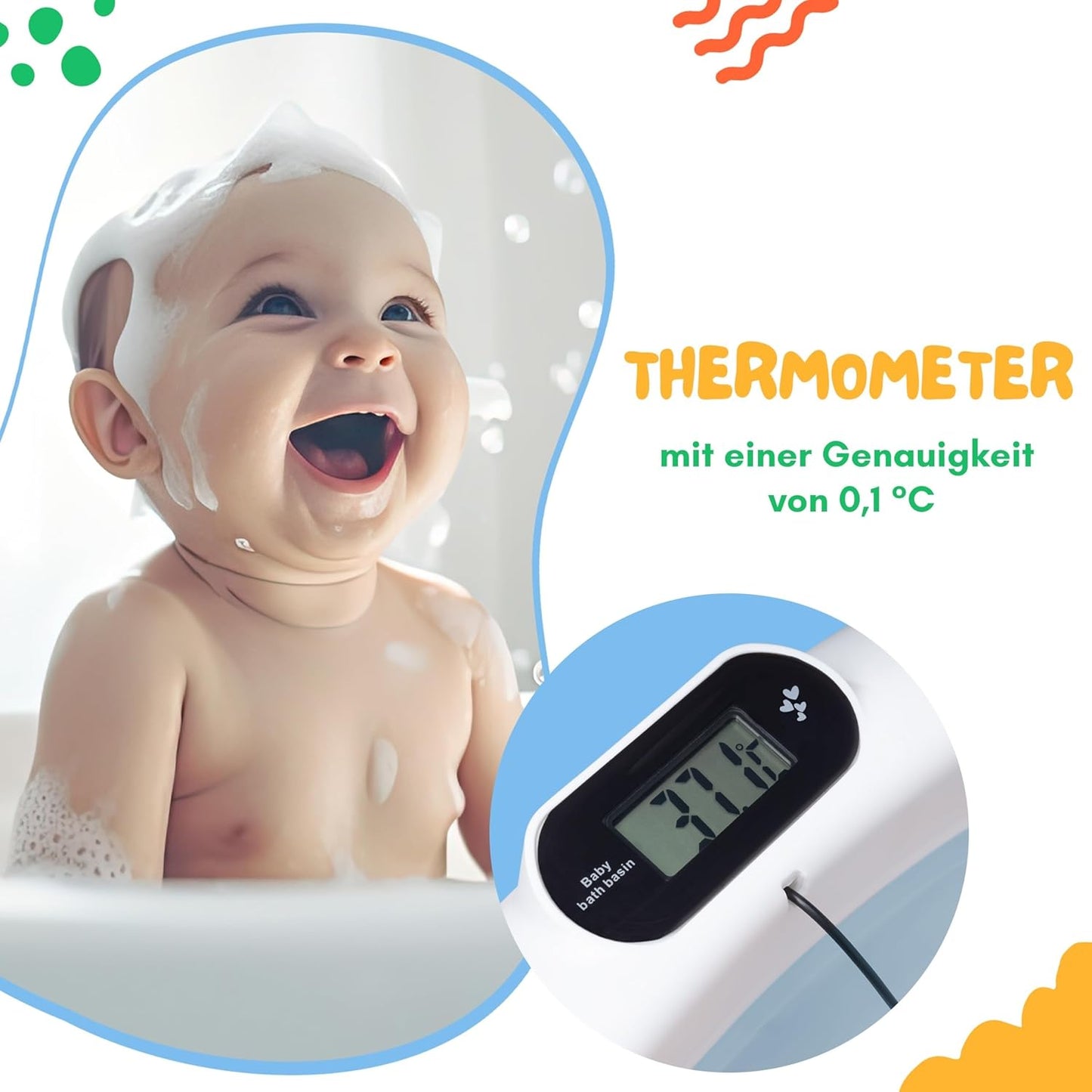 Faltbare Babybadewanne mit Ständer und Thermometer, Blau 84,5cm Höhe - mit Ständer