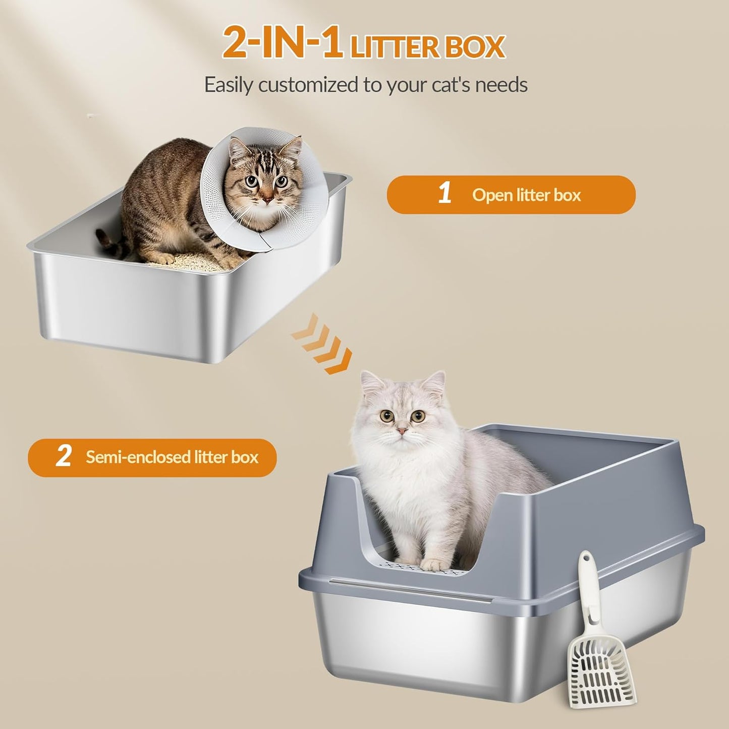 Edelstahl-Katzentoilette XXL mit hoher Rand, Dunkelgrau 1 Stück