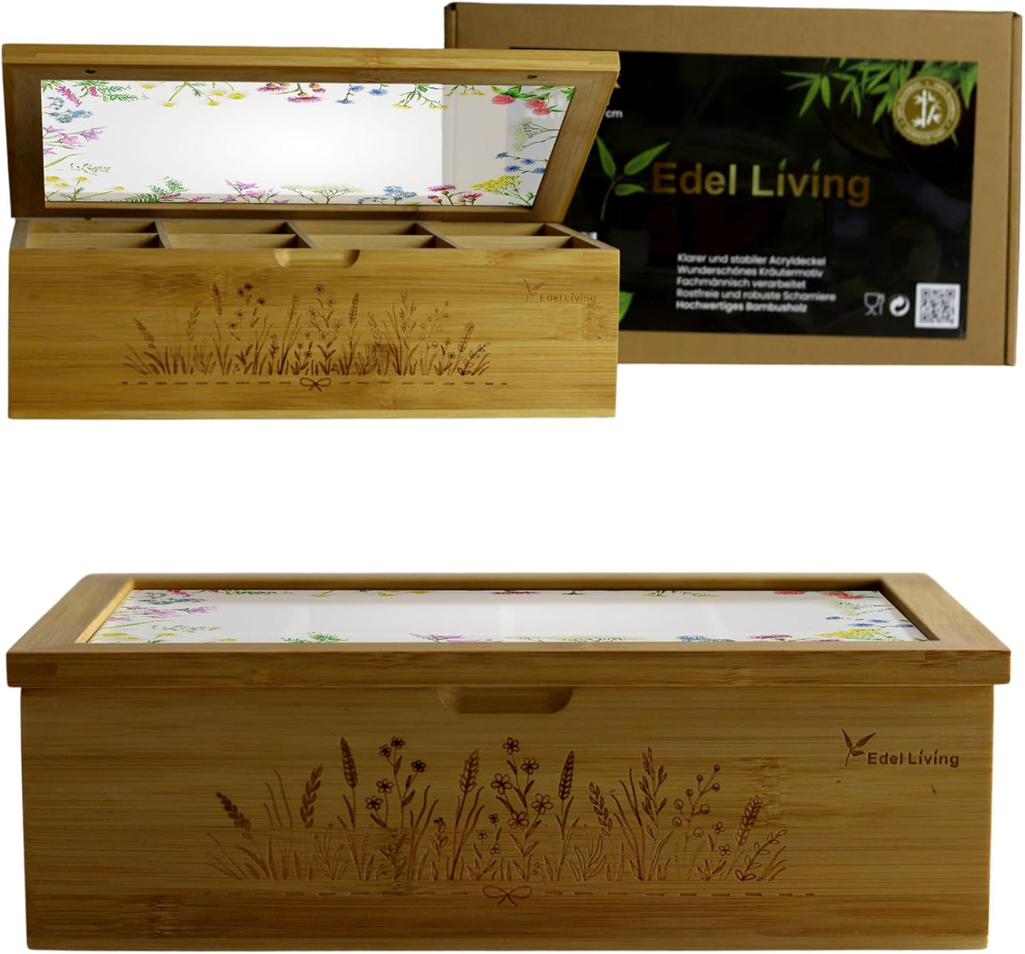 Premium Teebox mit 8 Fächern & Fenster, Mattem Wiesenwildblumen