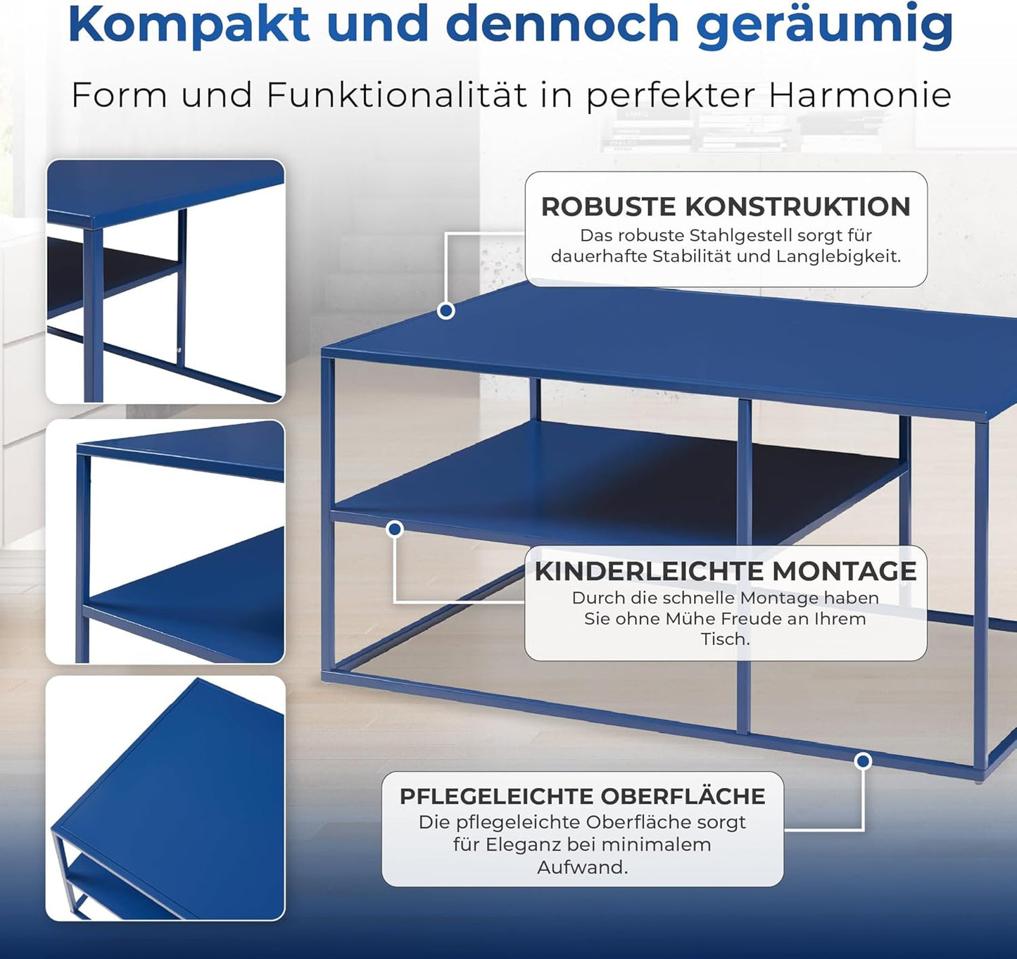 Rechteckiger Couchtisch Solund, Dunkelblau 90 x 60 x 45 cm
